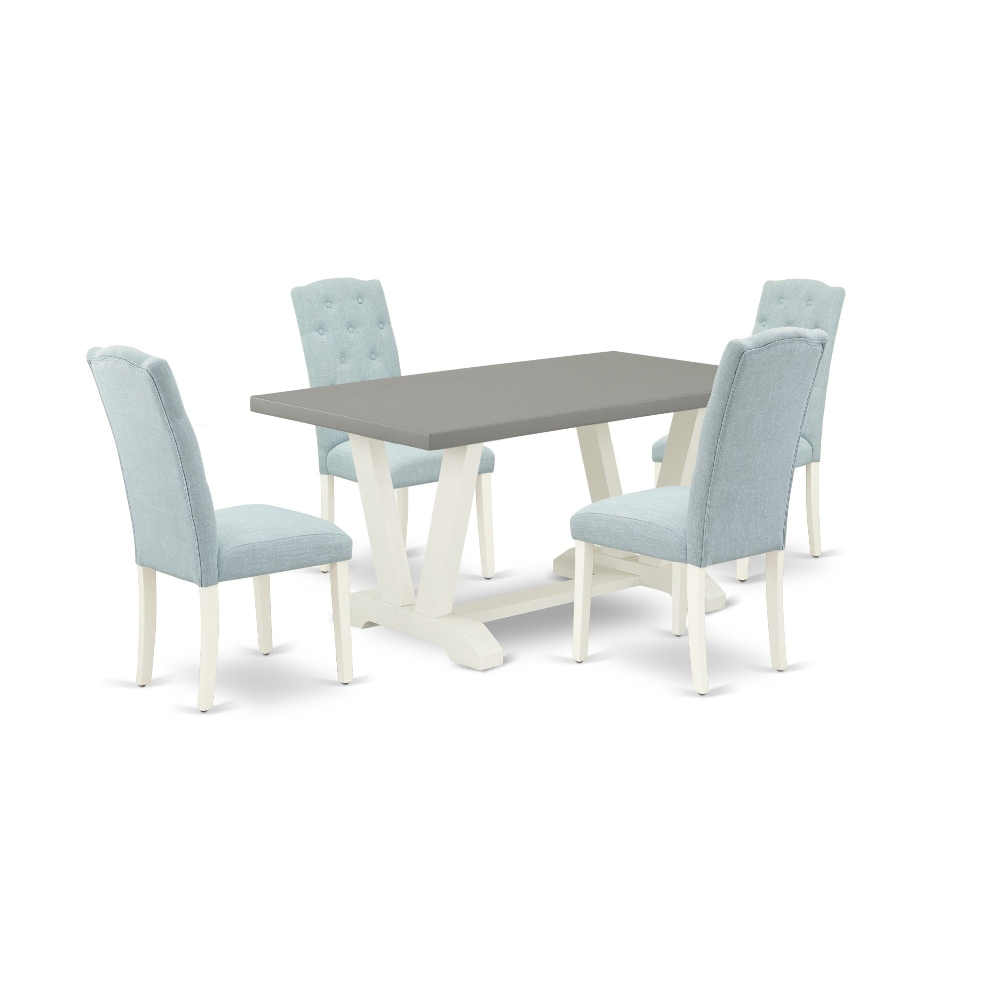 East West Furniture 5-Piece Dining Room Table Set- 4 Parson Dining Room Chairs With Baby Blue Linen Fabric Seat And Button Tufted Chair Back - Rectangular Table Top & Wooden Legs - Cement And Linen White Finish