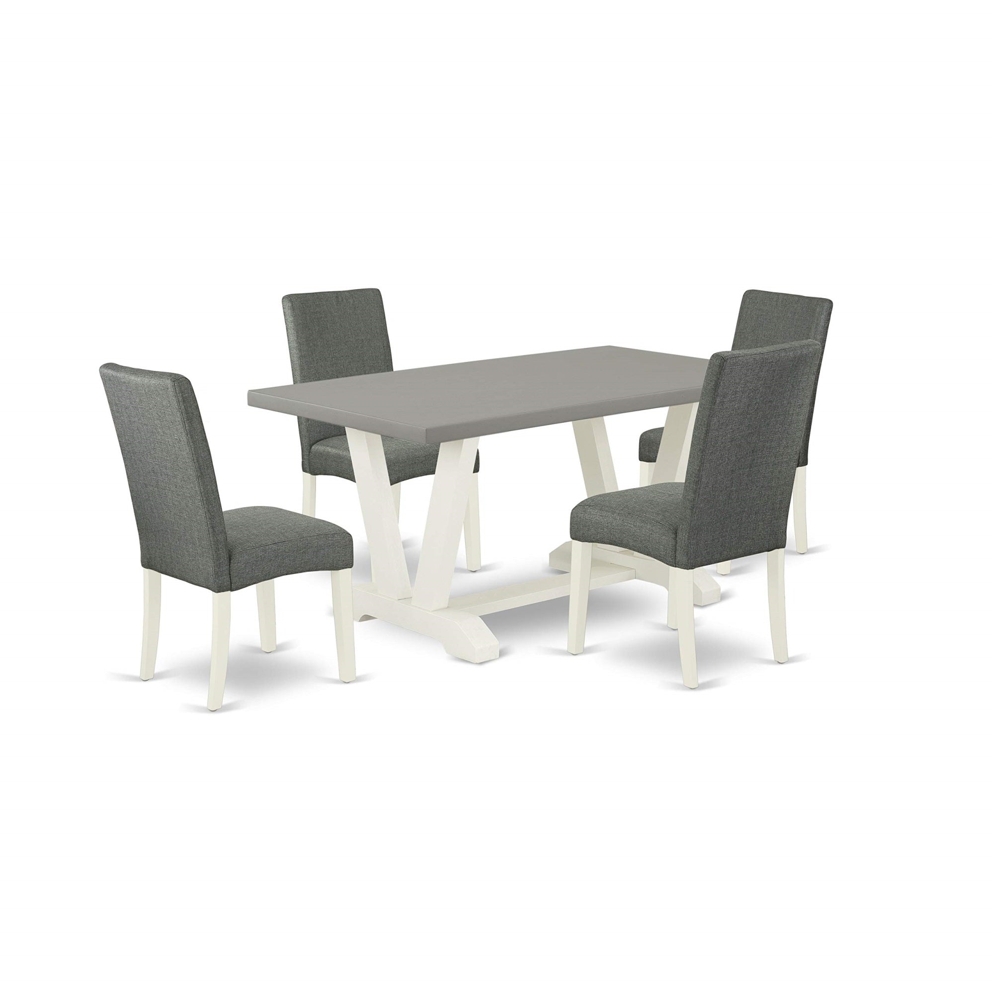 Ergode V096Dr207-5, 5-Pc Dining Room Table Set, Rectangle Wooden Table With V-Legs, 4 Gray Linen Fabric Parsons Chairs, Modern Design