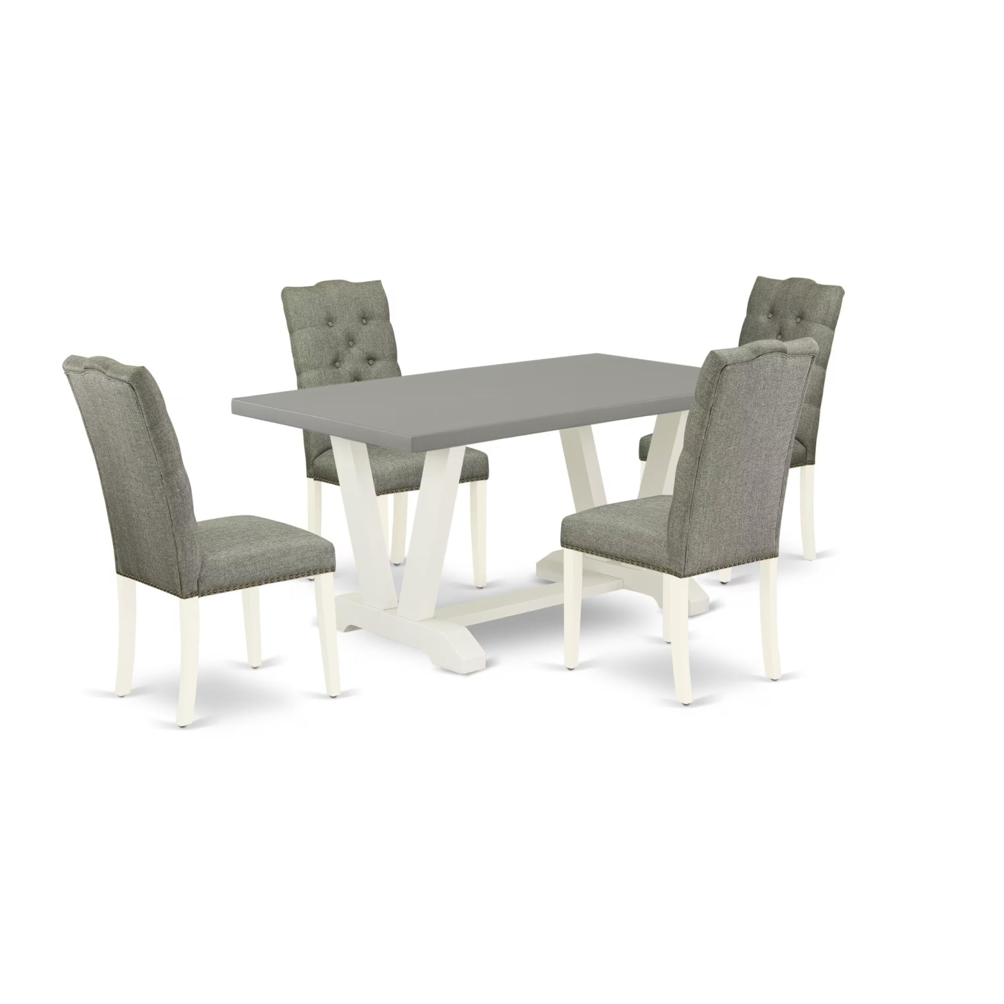 Casafoyer V-Style 5 Piece Set Includes A Rectangle Dining Room Table With V-Legs And 4 Gray Linen Fabric Upholstered Parson Chairs, 36X60 Inch, V096El207-5