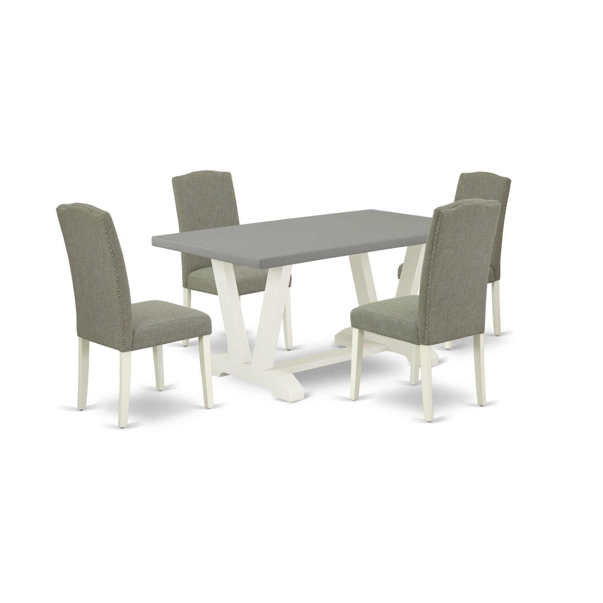East West Furniture 5-Piece Amazing Dinette Set An Excellent Cement Color Wood Table Top And 4 Stunning Linen Fabric Dining Chairs With Nails Head And Stylish Chair Back, Linen White Finish