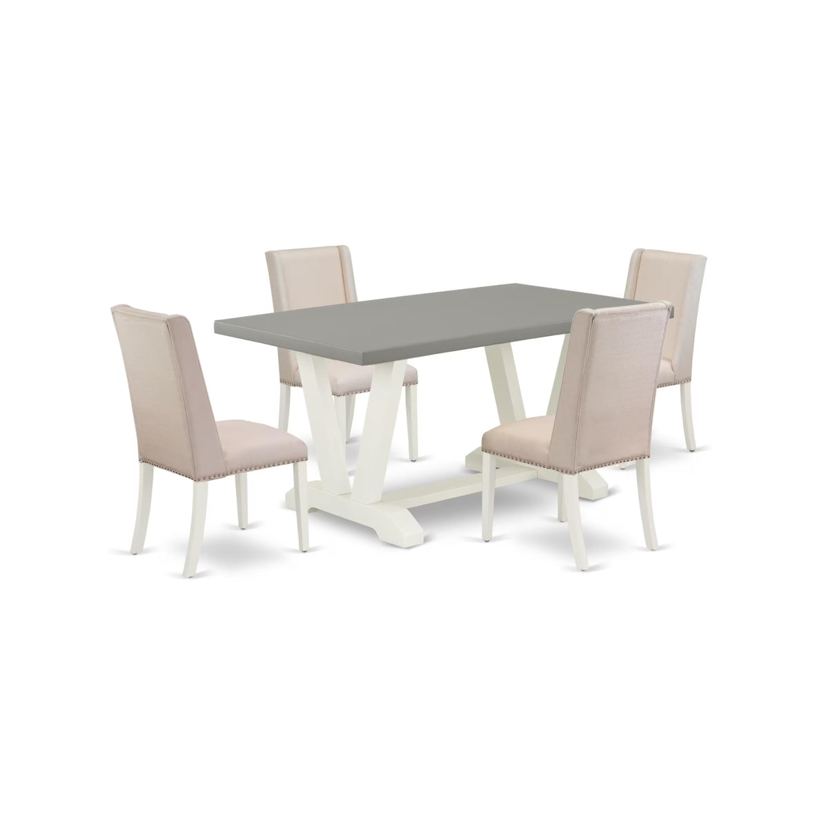 Casafoyer V-Style 5 Piece Set Includes A Rectangle Dining Room Table With V-Legs And 4 Cream Linen Fabric Parsons Chairs, 36X60 Inch, Multi-Color