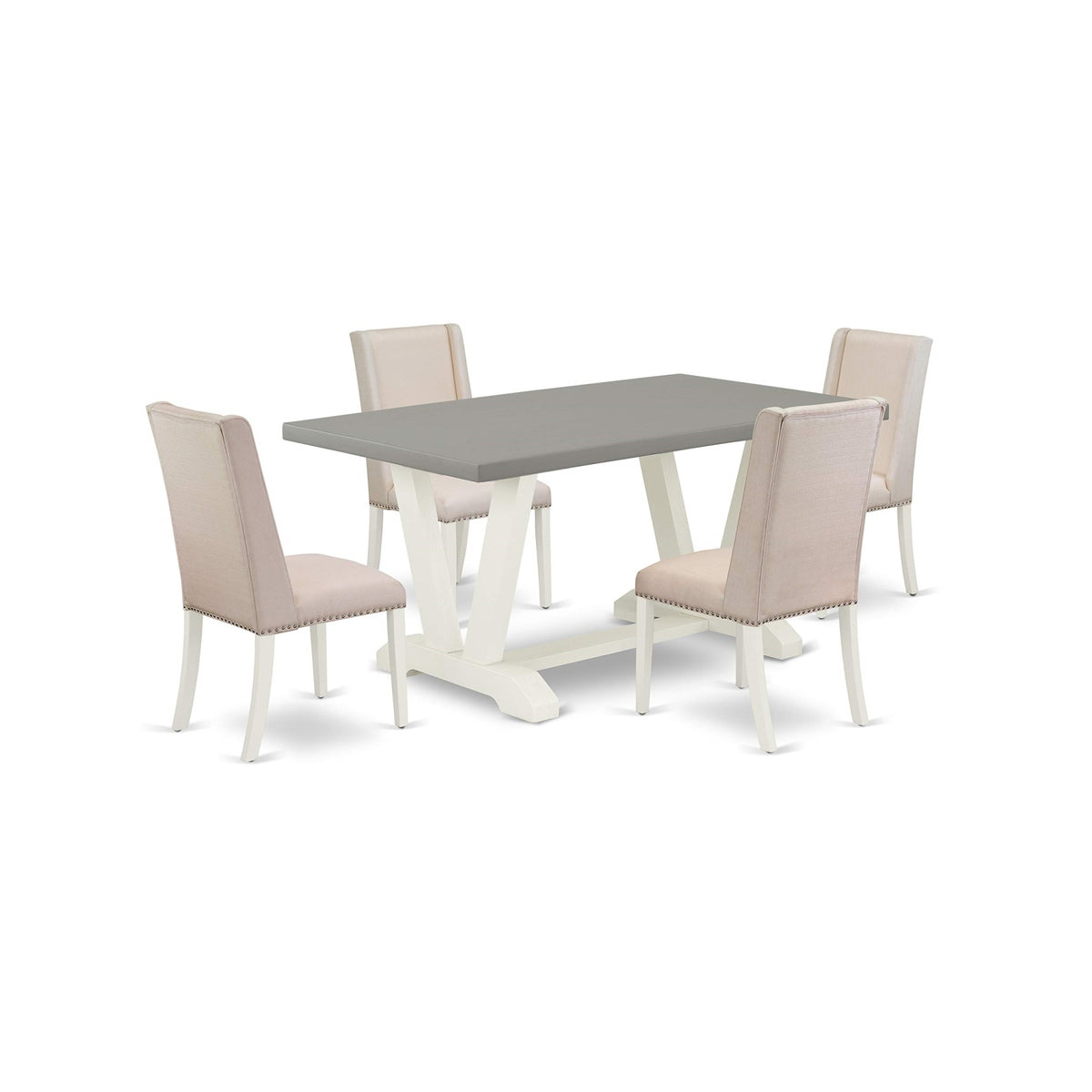 East West Furniture V096Fl201-5 V-Style 5 Piece Set Includes A Rectangle Dining Room Table With V-Legs And 4 Cream Linen Fabric Parsons Chairs, 36X60 Inch