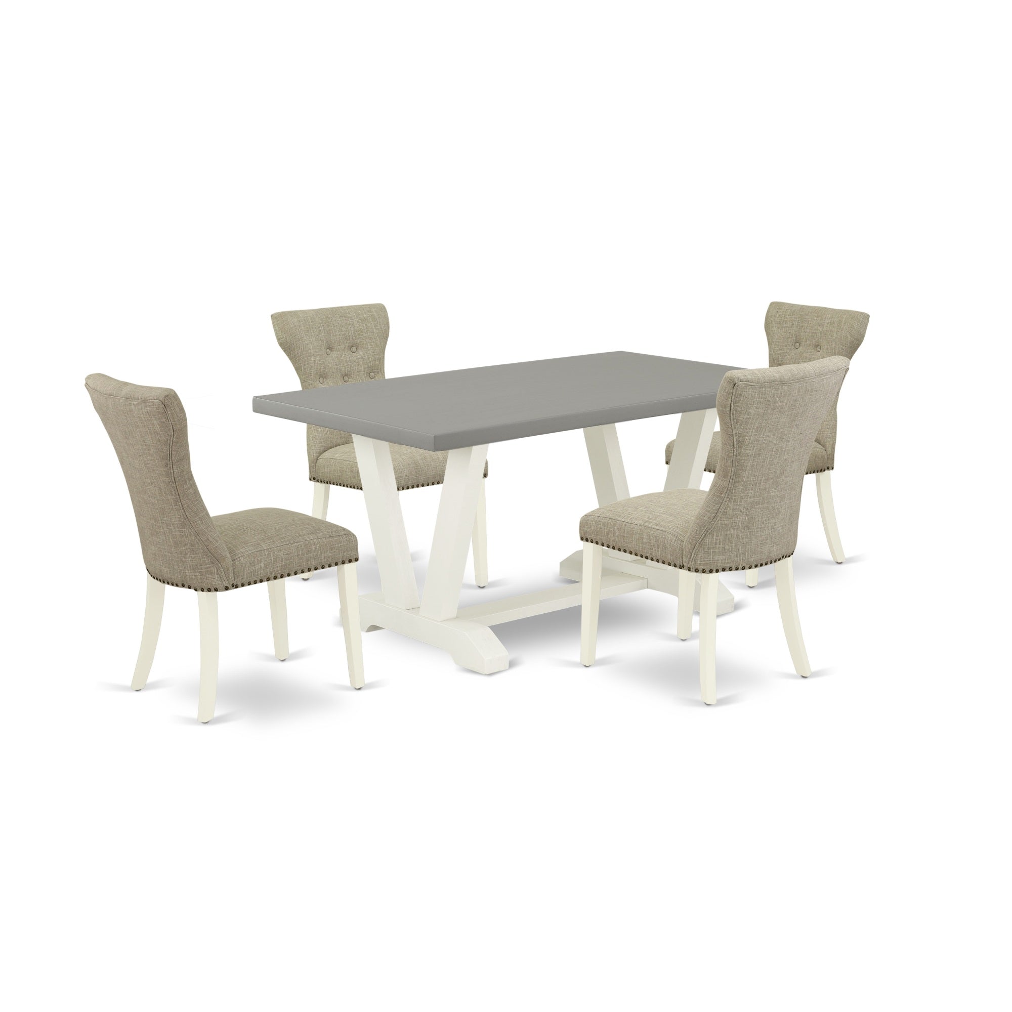East West Furniture 5-Piece Modern Dining Table Set- 4 Dining Padded Chairs With Doeskin Linen Fabric Seat And Button Tufted Chair Back - Rectangular Table Top & Wooden Legs - Cement And Linen White Finish