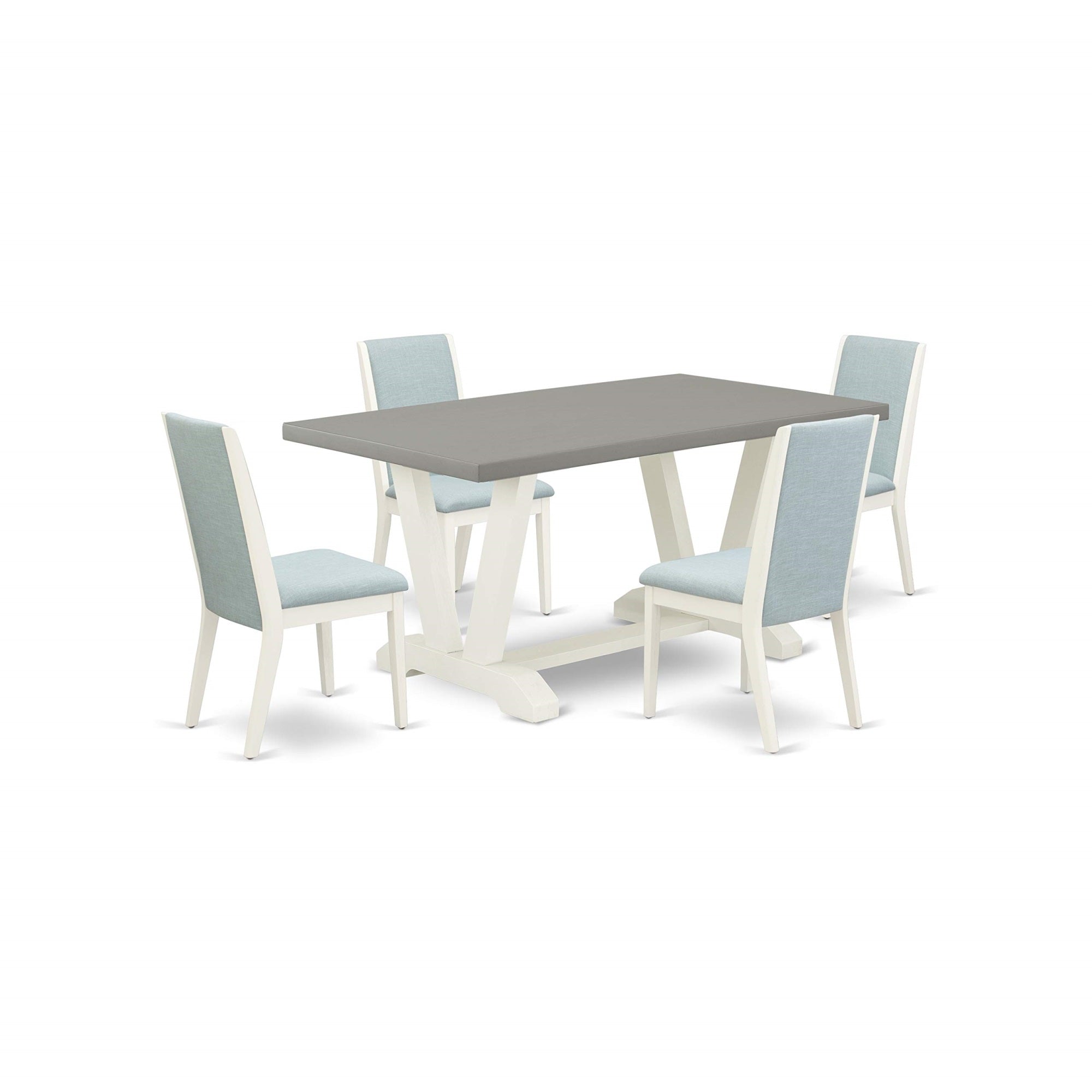 Ergode V096La015-5, 5-Piece Kitchen Set, Baby Blue Linen Chairs, Off-White Rectangular Table, Asian Wood, 300 Lbs Capacity, Easy Assembly, Elegant Design