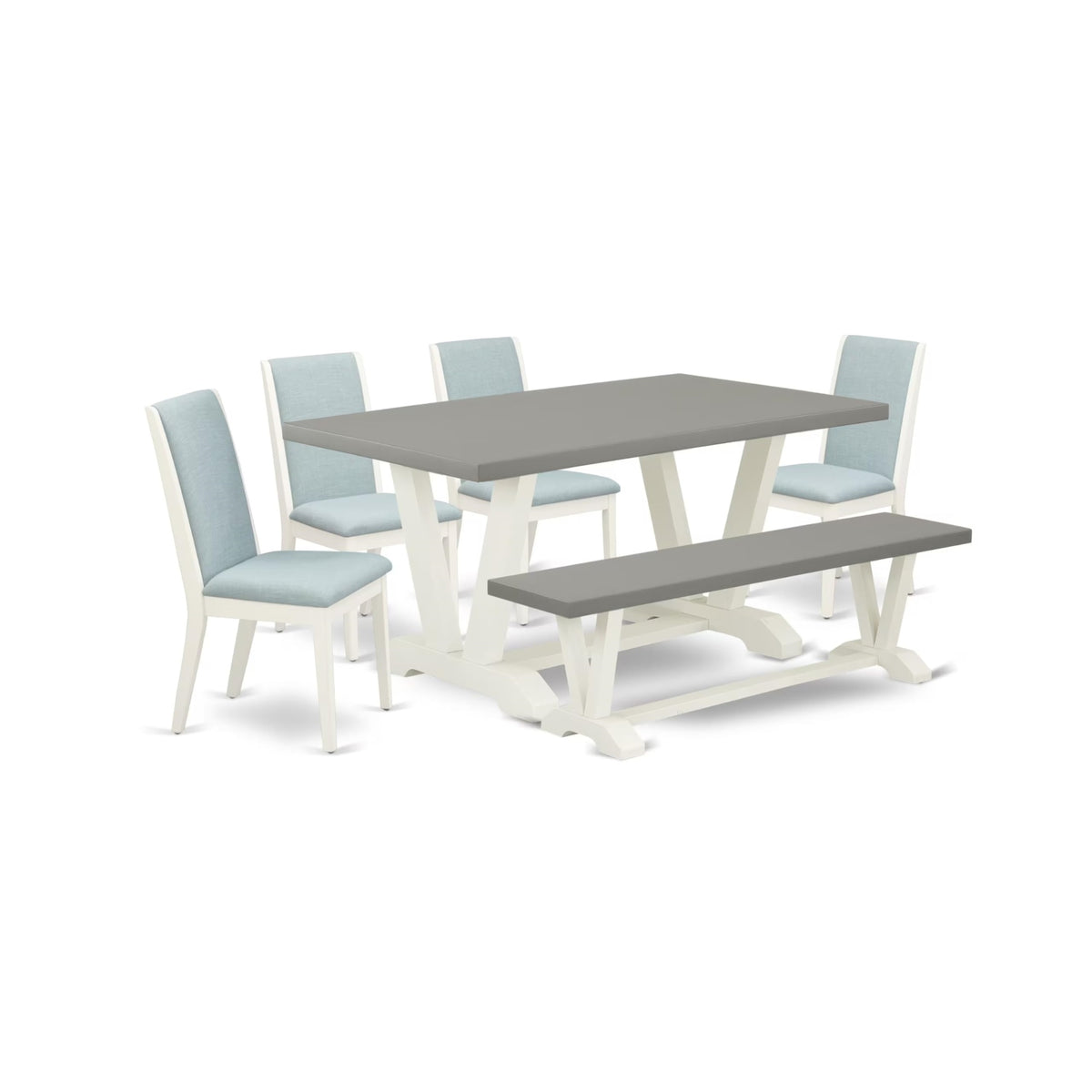 Casafoyer V-Style 6 Piece Set Contains A Rectangle Dining Room Table And 4 Baby Blue Linen Fabric Upholstered Chairs With A Bench, 36X60 Inch, Multi-Color
