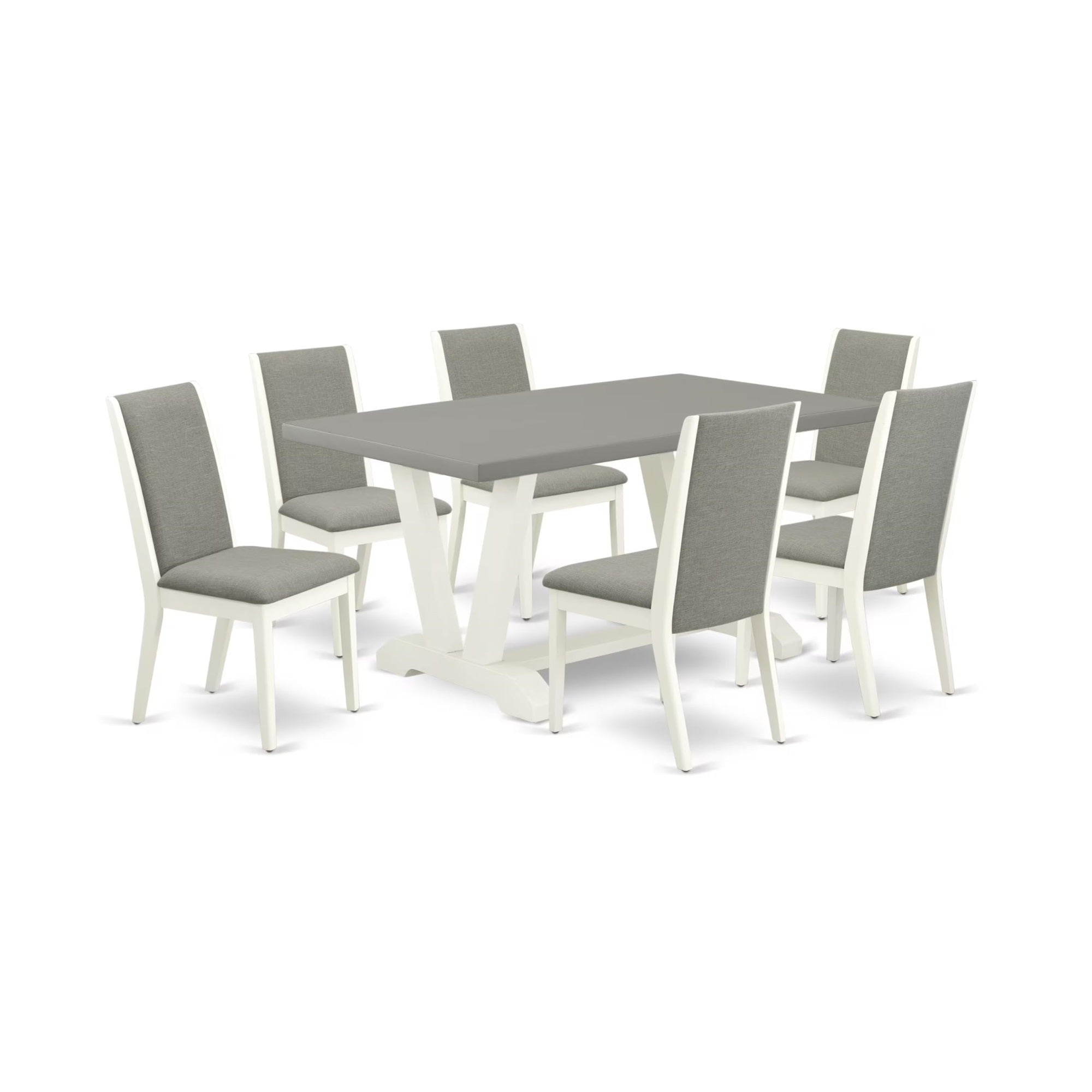 Casafoyer V-Style 7 Piece Modern Set Consist Of A Rectangle Wooden Table With V-Legs And 6 Shitake Linen Fabric Parsons Dining Chairs, 36X60 Inch, Multi-Color