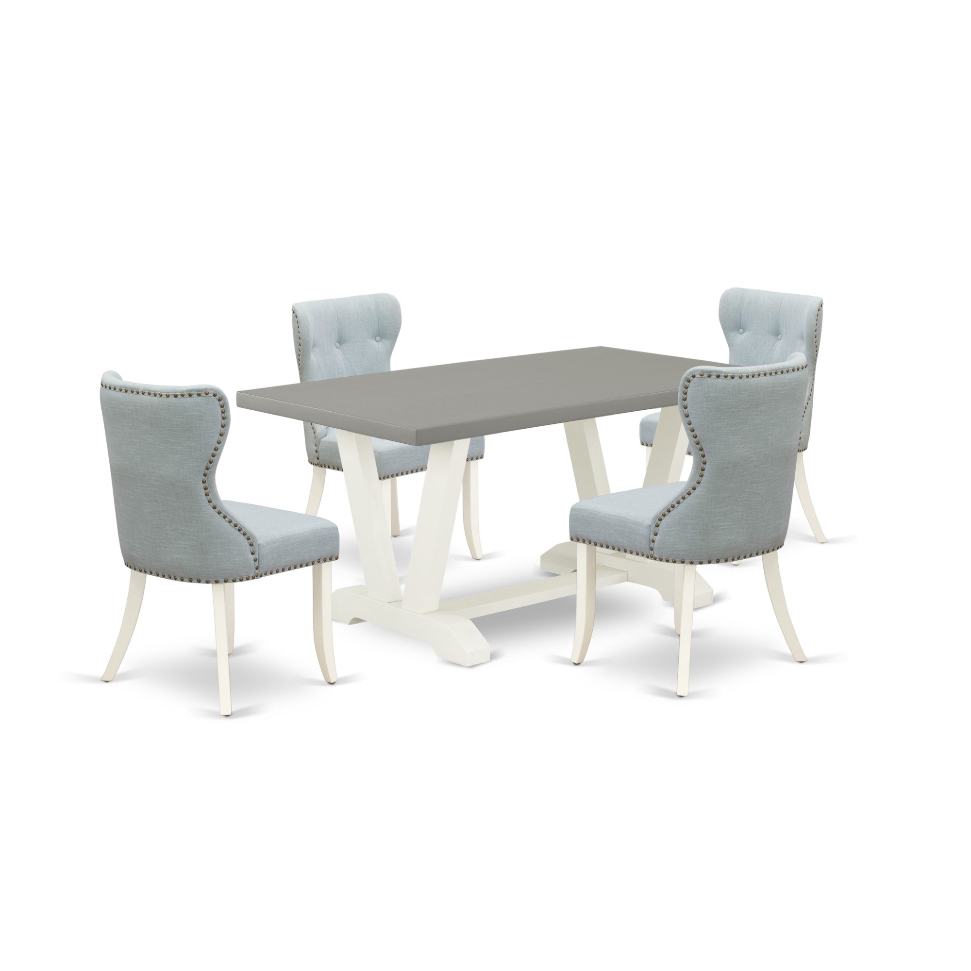 East West Furniture V096Si215-5 5-Piece Kitchen Dining Set- 4 Dining Chair With Baby Blue Linen Fabric Seat And Button Tufted Chair Back - Rectangular Table Top & Wooden Legs - Cement And Linen White Finish