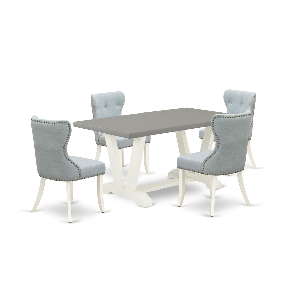 East West Furniture V096Si215-5 5-Piece Kitchen Dining Set- 4 Dining Chair With Baby Blue Linen Fabric Seat And Button Tufted Chair Back - Rectangular Table Top & Wooden Legs - Cement And Linen White Finish