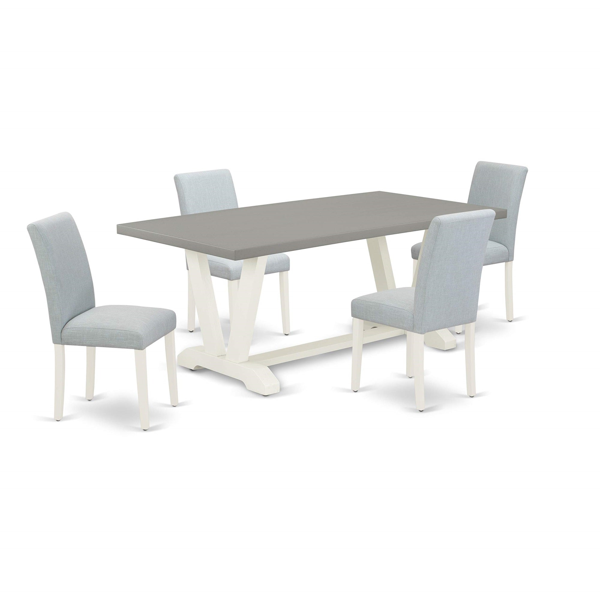 Ergode V097Ab015-5, 5-Piece Dining Room Set, Antique Wooden Table, 4 Indoor Chairs, Cement Finish, Off-White Legs, Baby Blue Upholstery, High-Quality Asian Wood, 36-Inch Table, Timeless Design