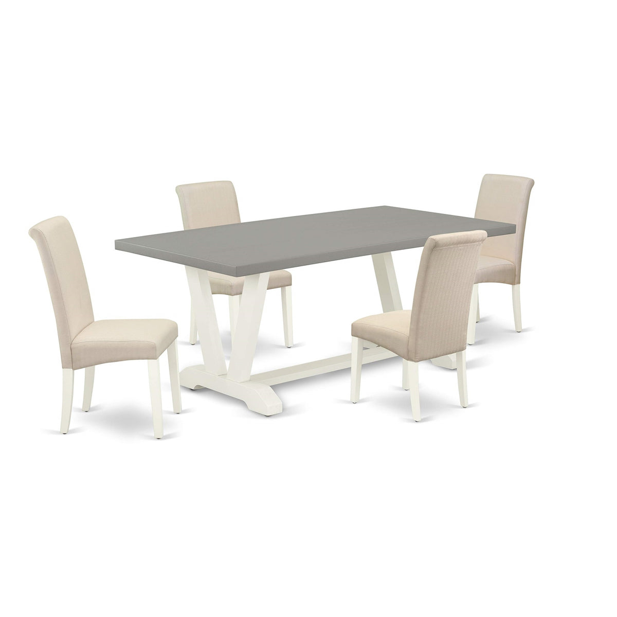 East West Furniture V097Ba201-5 V-Style 5 Piece Room Furniture Set Includes A Rectangle Dining Table With V-Legs And 4 Cream Linen Fabric Upholstered Chairs, 40X72 Inch