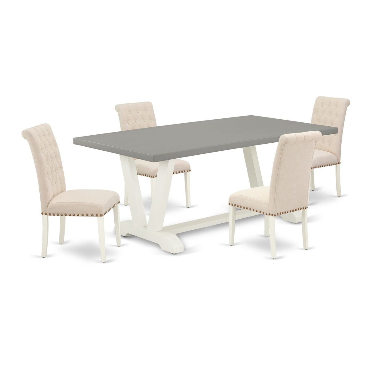 East West Furniture V097Br202-5 5-Piece Gorgeous Dinette Set A Great Cement Color Dining Room Table Top And 4 Awesome Linen Fabric Dining Chairs With Nail Heads And Button Tufted Chair Back, Linen White Finish