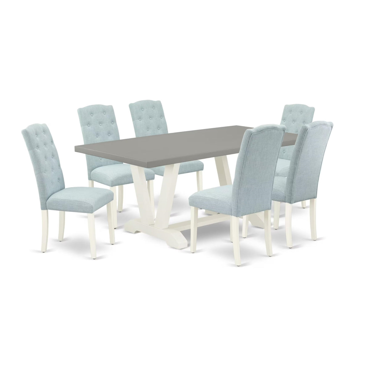 Casafoyer V-Style 7 Piece Kitchen Set Consist Of A Rectangle Table With V-Legs And 6 Baby Blue Linen Fabric Parson Dining Room Chairs, 40X72 Inch, V097Ce215-7