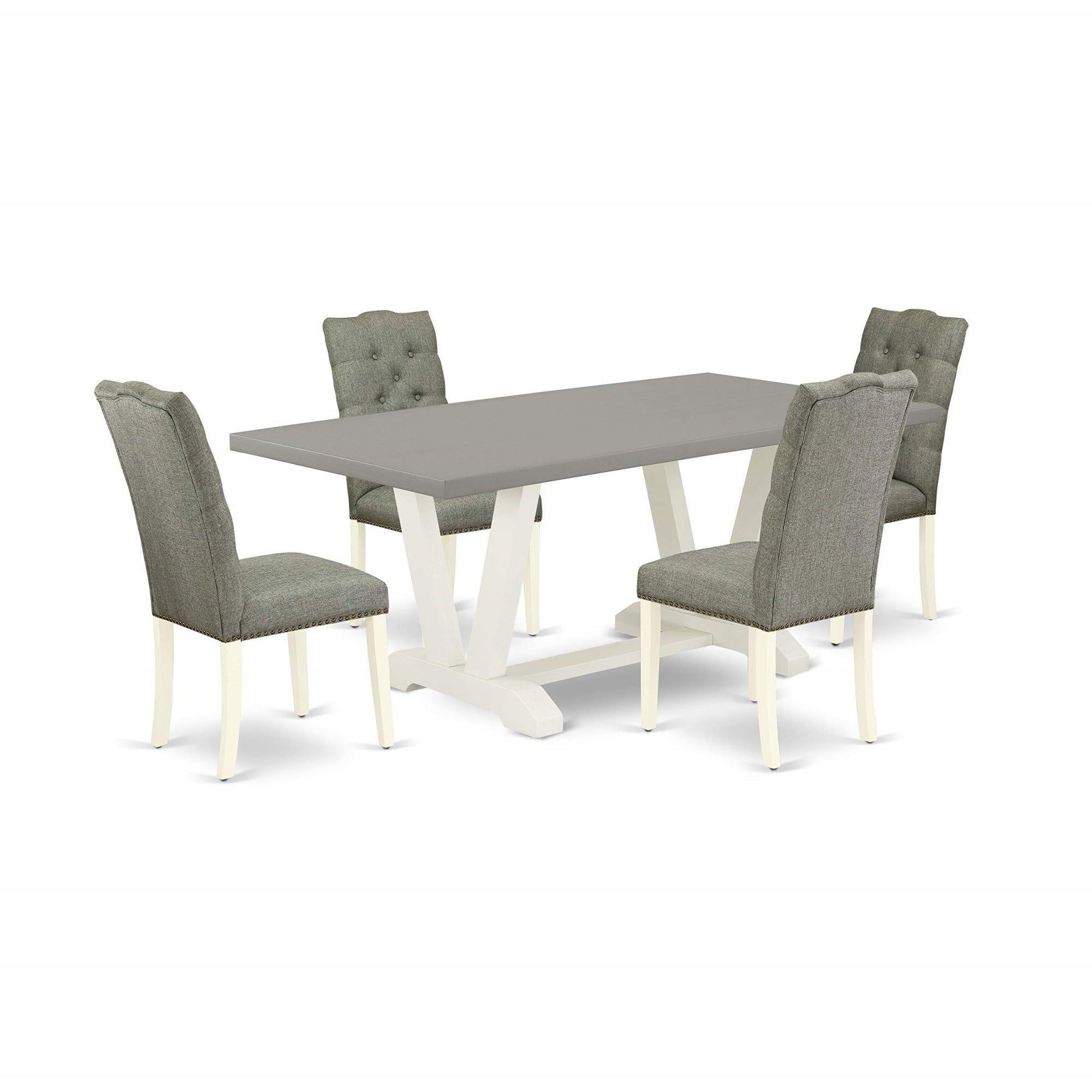 Ergode V097El207-5, 5-Piece Dining Set, Rectangle Wooden Table With V-Legs, 4 Gray Linen Fabric Chairs, Easy To Clean, Stylish & Functional
