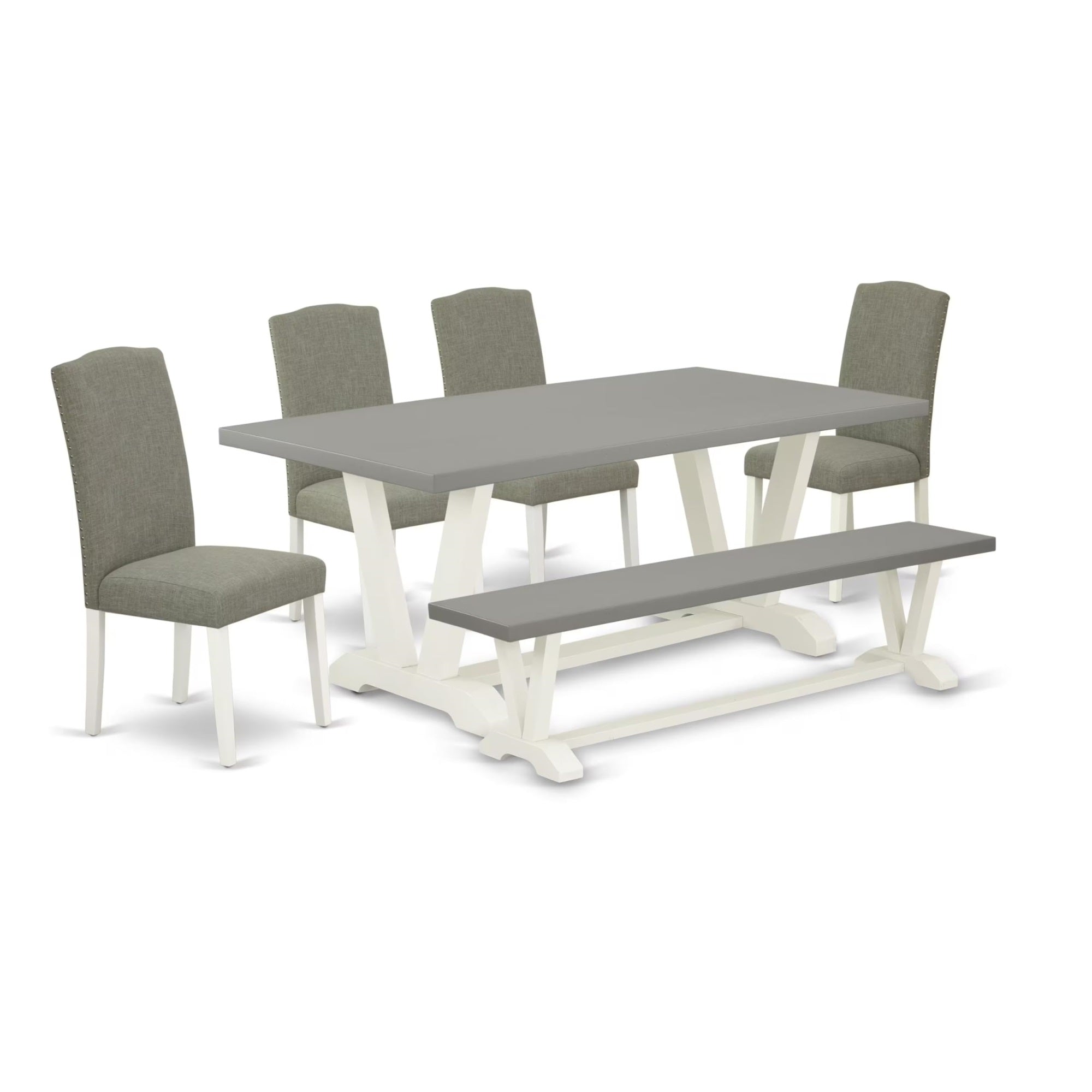 Casafoyer V-Style 6 Piece Kitchen Set Contains A Rectangle Dining Table And 4 Dark Shitake Linen Fabric Upholstered Chairs With A Bench, 40X72 Inch, V097En206-6