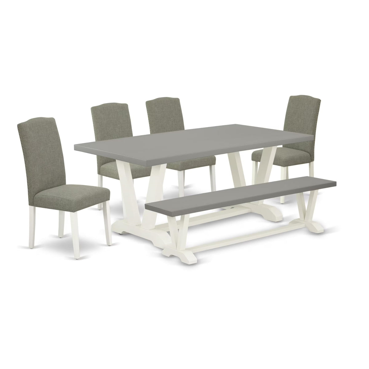 Casafoyer V-Style 6 Piece Kitchen Set Contains A Rectangle Dining Table And 4 Dark Shitake Linen Fabric Upholstered Chairs With A Bench, 40X72 Inch, V097En206-6