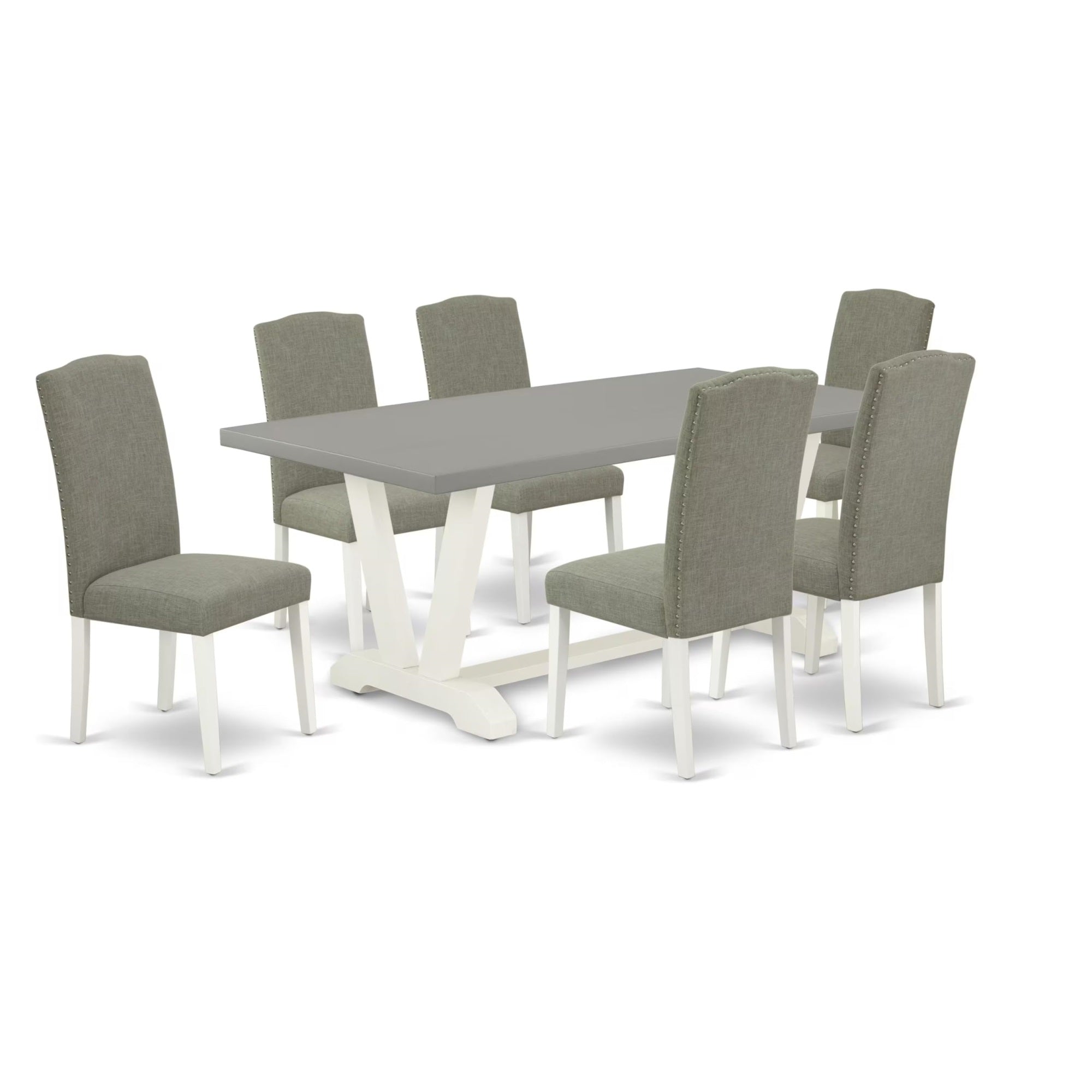 Casafoyer V-Style 7 Piece Modern Dining Set Consist Of A Rectangle Wooden Table With V-Legs And 6 Dark Shitake Linen Fabric Upholstered Chairs, 40X72 Inch, V097En206-7