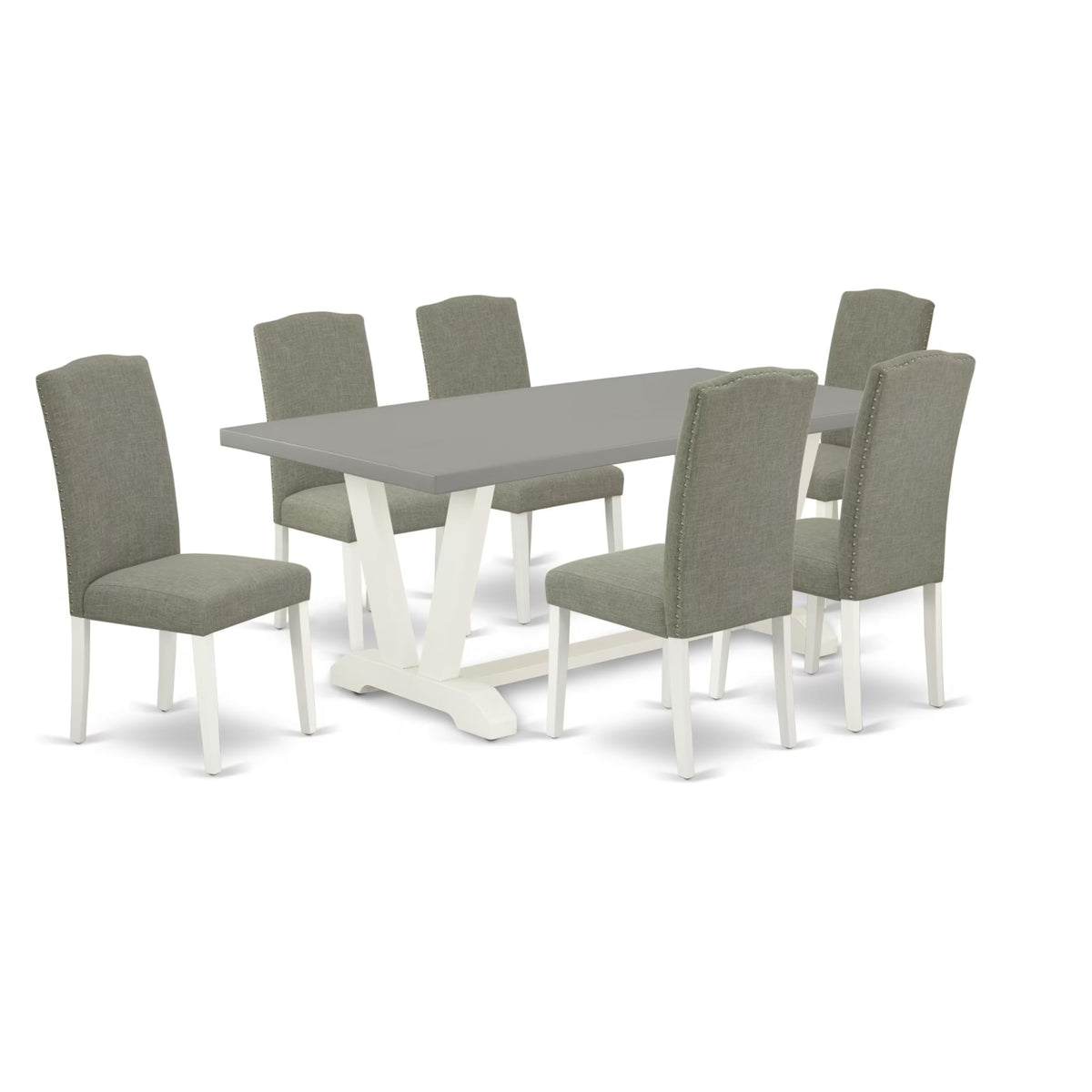 Casafoyer V-Style 7 Piece Modern Dining Set Consist Of A Rectangle Wooden Table With V-Legs And 6 Dark Shitake Linen Fabric Upholstered Chairs, 40X72 Inch, V097En206-7