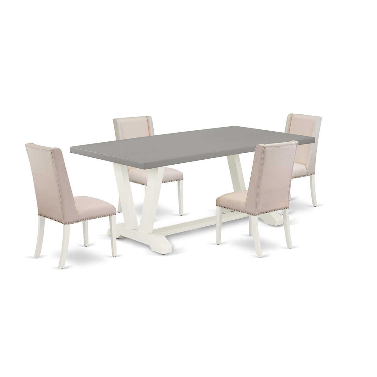 East West Furniture V097Fl201-5 V-Style 5 Piece Room Furniture Set Includes A Rectangle Dining Table With V-Legs And 4 Cream Linen Fabric Upholstered Chairs, 40X72 Inch