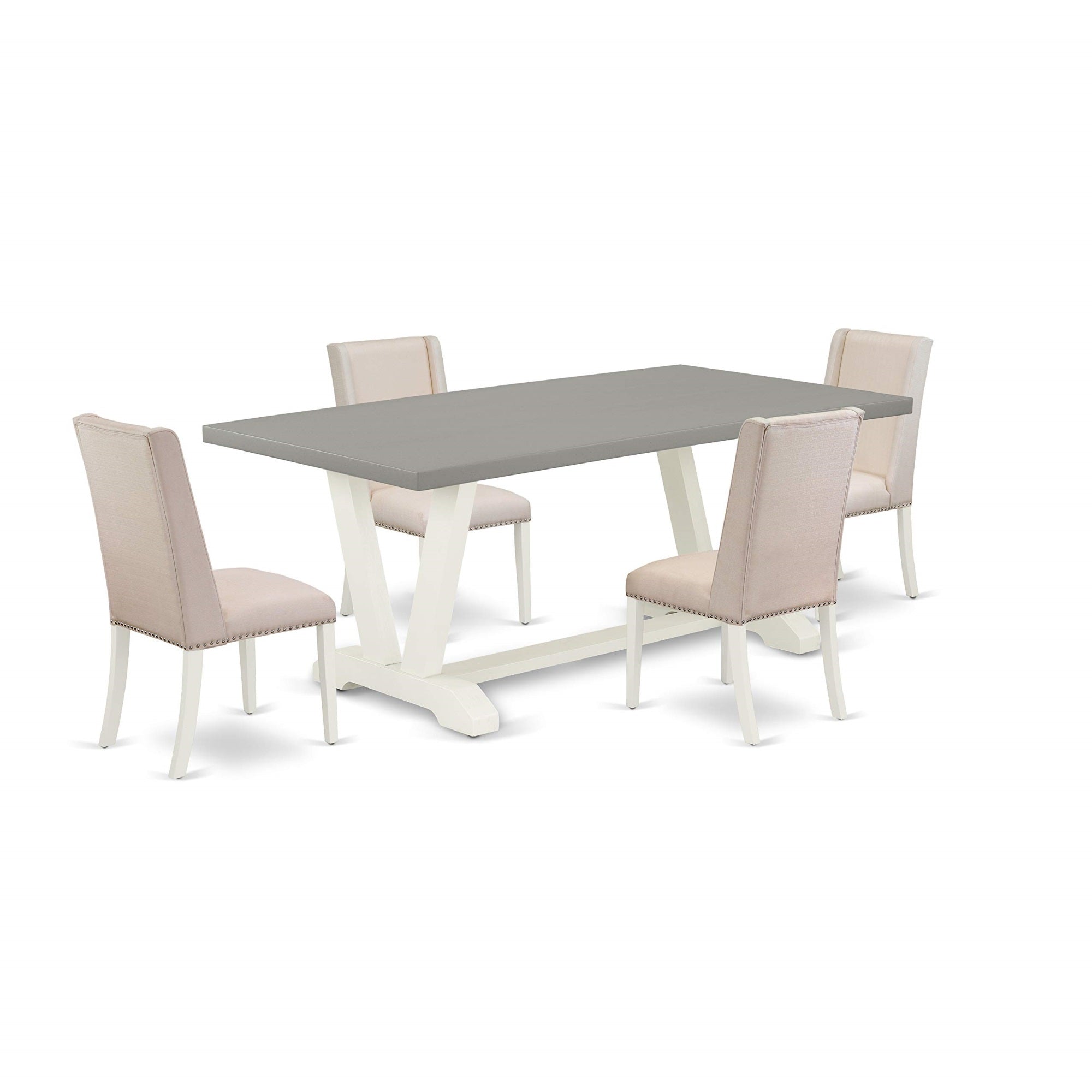 Ergode V097Fl201-5, 5 Piece Dining Table Set, Off-White Finish, 4 Cream Linen Chairs, Asian Wood, 300 Lbs Weight Capacity