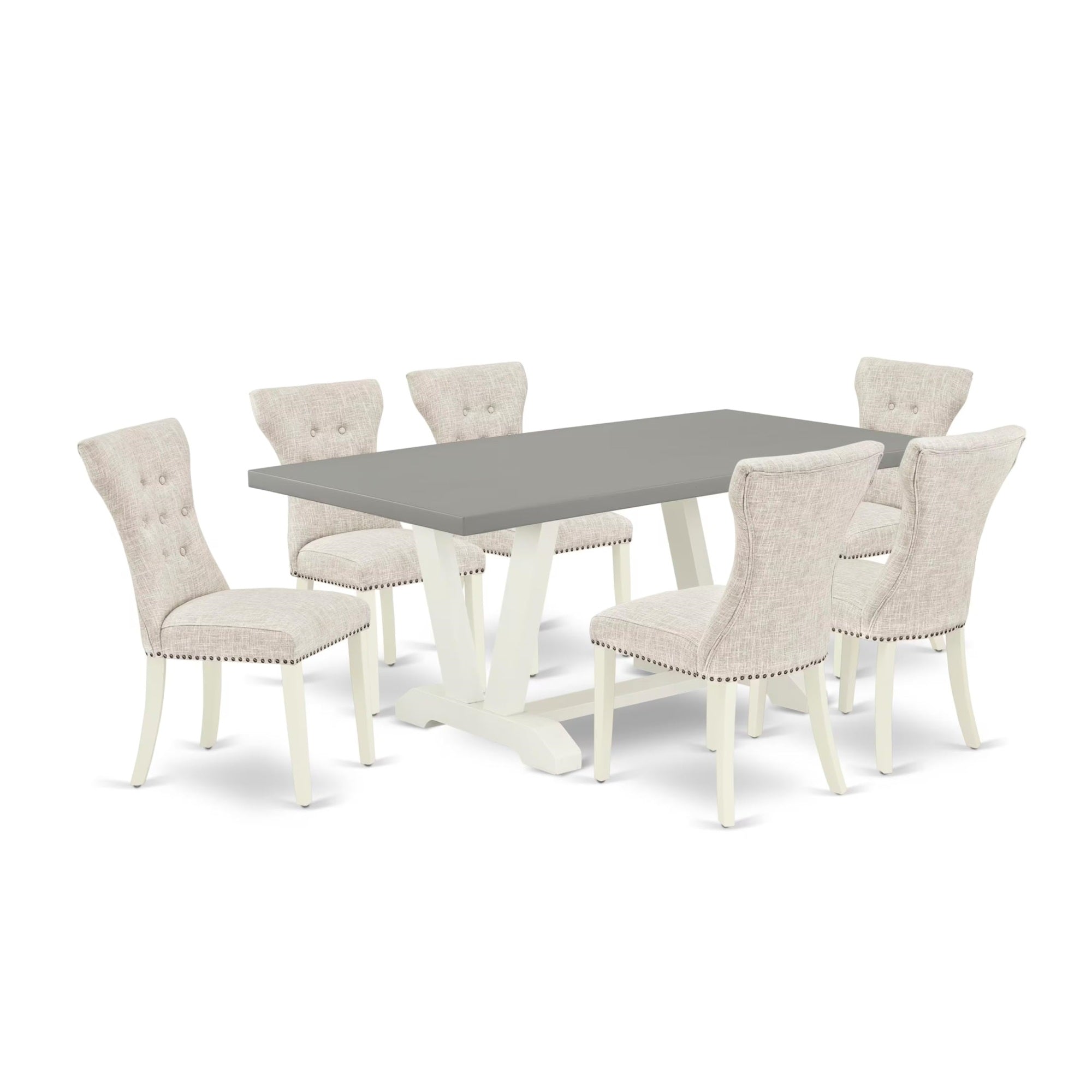 Casafoyer V-Style 7 Piece Kitchen Set Consist Of A Rectangle Dining Room Table With V-Legs And 6 Doeskin Linen Fabric Parson Chairs, 40X72 Inch, V097Ga235-7