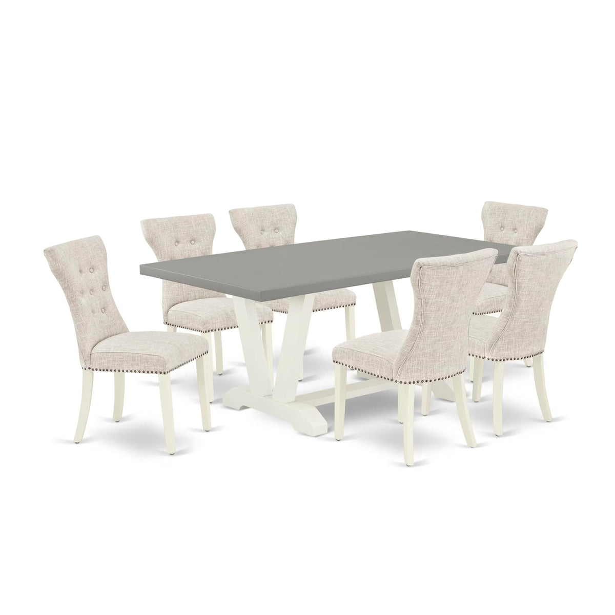 Casafoyer V-Style 7 Piece Kitchen Set Consist Of A Rectangle Dining Room Table With V-Legs And 6 Doeskin Linen Fabric Parson Chairs, 40X72 Inch, V097Ga235-7