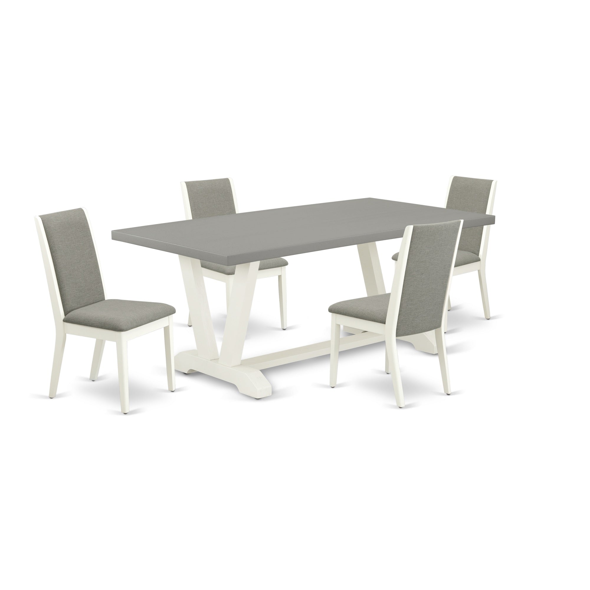 East West Furniture V097La206-5 5-Piece Gorgeous Dining Room Table Set A Good Cement Color Dining Room Table Top And 4 Awesome Linen Fabric Dining Room Chairs With Stylish Chair Back, Linen White Finish
