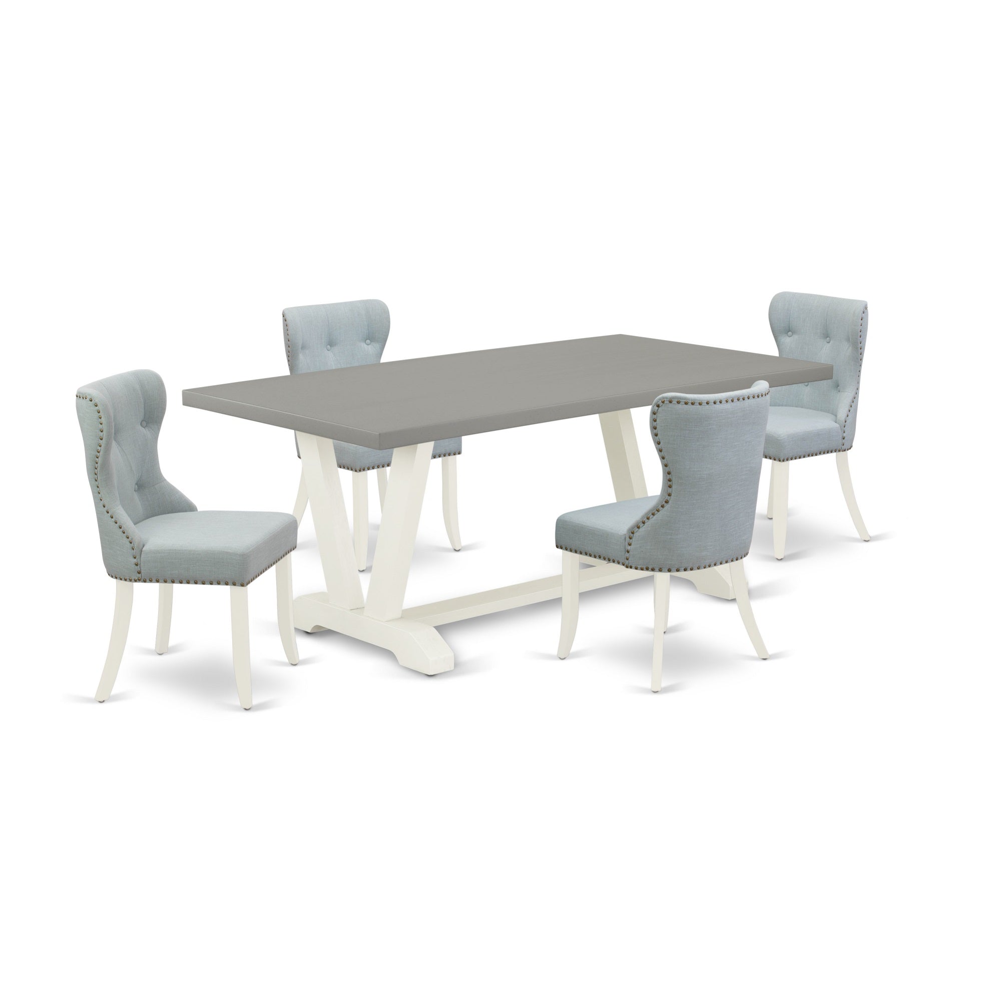East West Furniture V097Si215-5 5-Pc Kitchen Dining Set- 4 Dining Padded Chairs With Baby Blue Linen Fabric Seat And Button Tufted Chair Back - Rectangular Table Top & Wooden Legs - Cement And Linen White Finish
