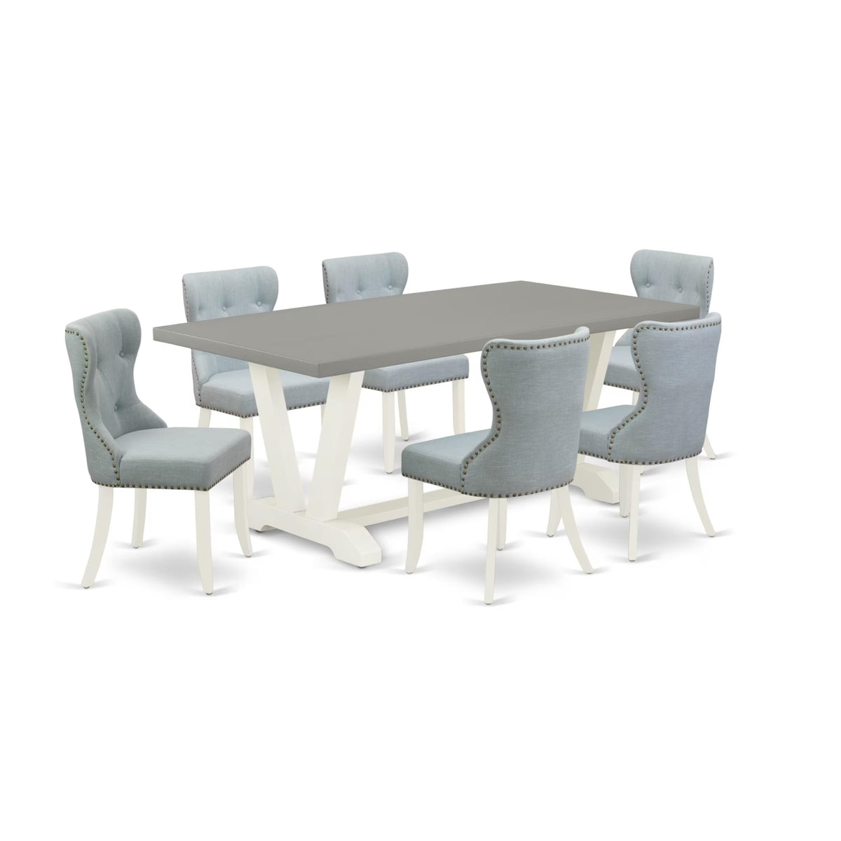 Casafoyer V097Si215-7 7 Piece Dining Table Set Consist Of A Rectangle Kitchen Table With V-Legs And 6 Baby Blue Linen Fabric Parson Dining Room Chairs, 40X72 Inch, Multi-Color