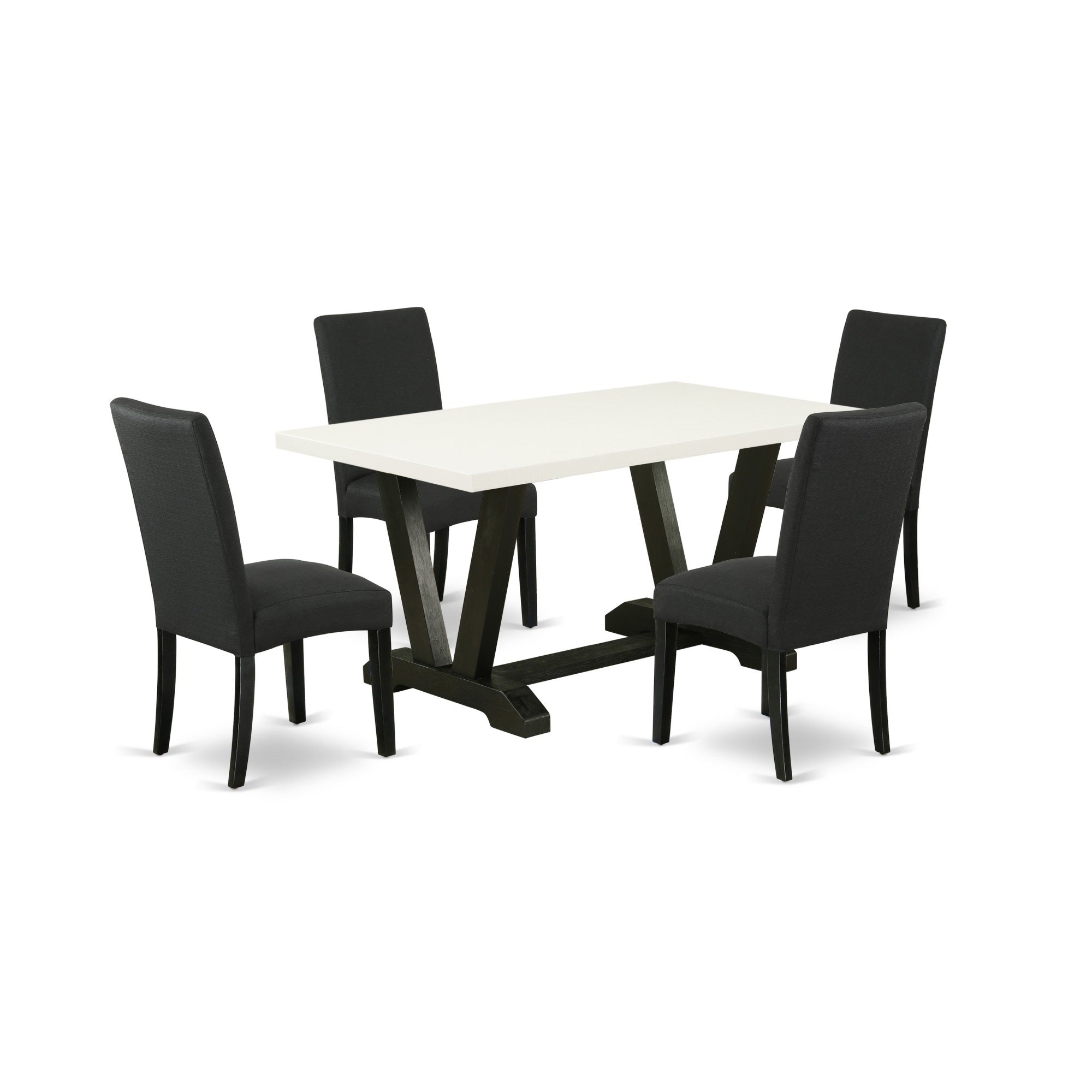 East West Furniture V626Dr124-5 5-Pc Dining Table Set- 4 Upholstered Dining Chairs With Black Linen Fabric Seat And Stylish Chair Back - Rectangular Table Top & Wooden Legs - Linen White And Black Finish