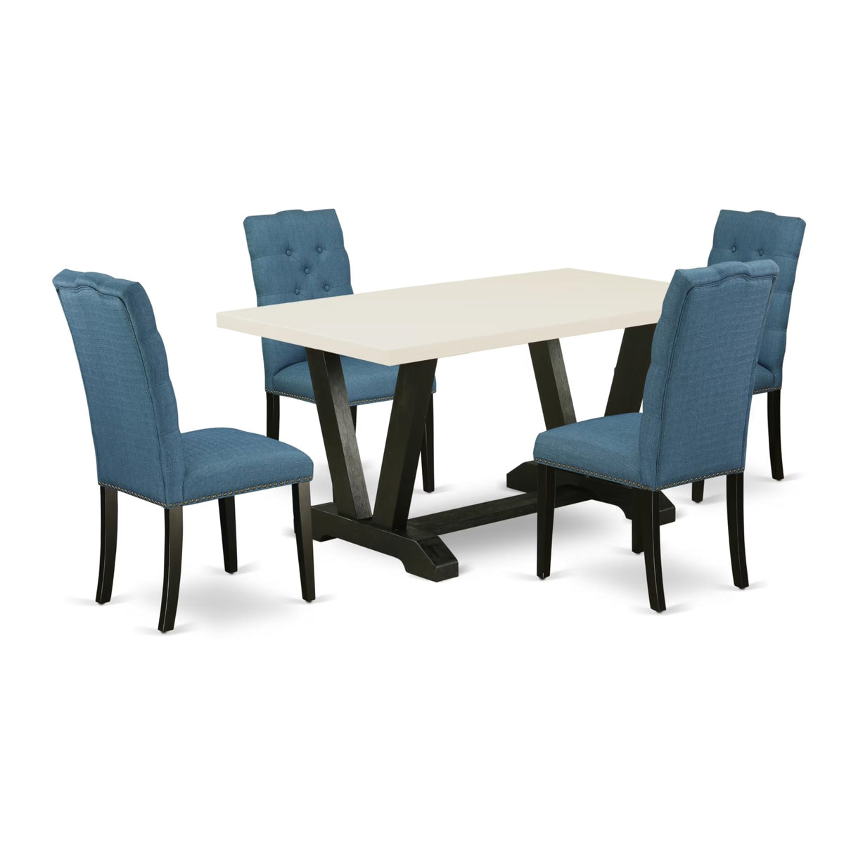 Casafoyer V626El121-5 5 Piece Dining Room Table Set Includes A Rectangle Kitchen Table With V-Legs And 4 Blue Linen Fabric Parsons Dining Chairs, 36X60 Inch, Multi-Color