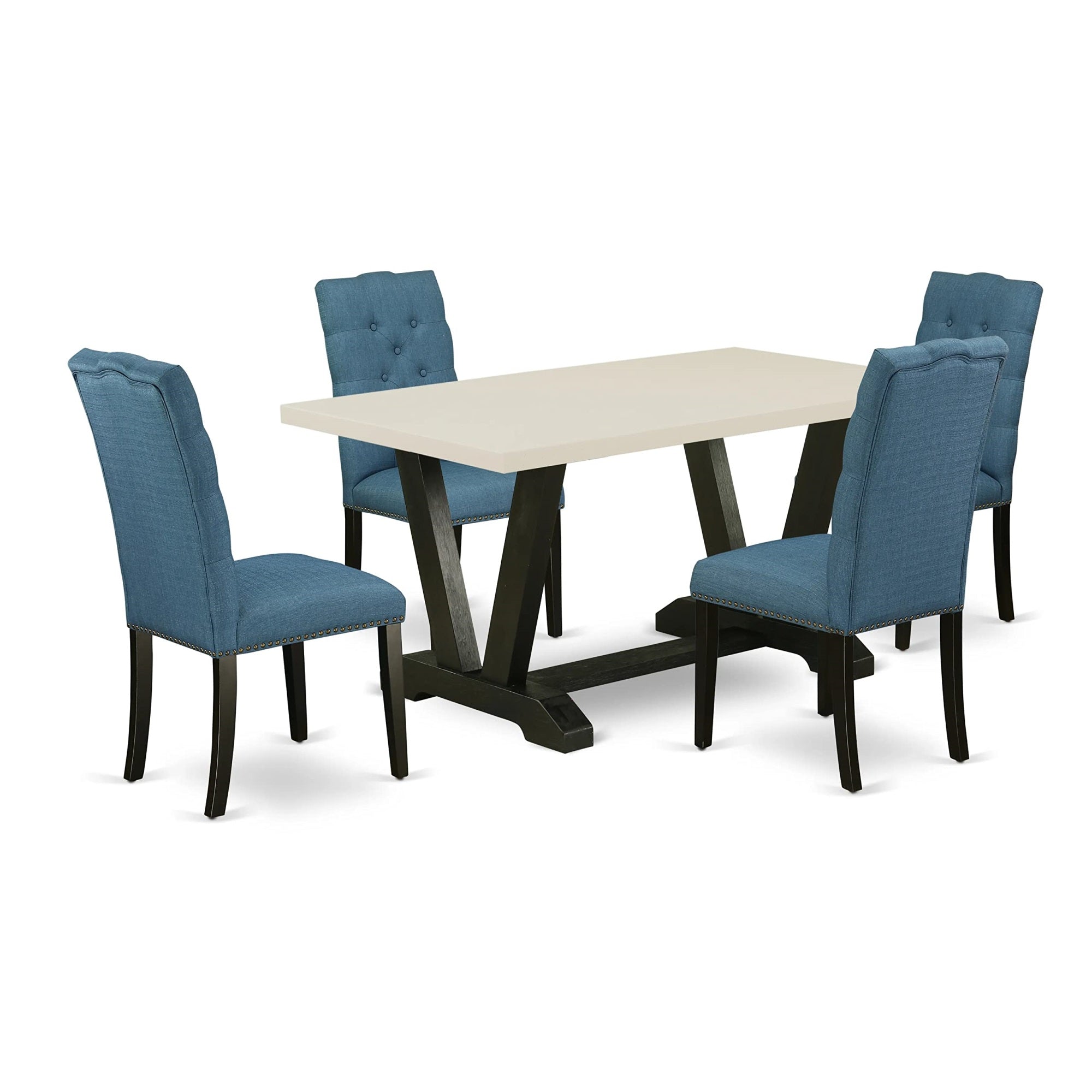Ergode V626El121-5, 5-Pc Dinette Set, Rectangular Table, 4 Blue Linen Chairs, Asian Wood, Wire Brushed Black Finish, 36X60 Inch, Multi-Color