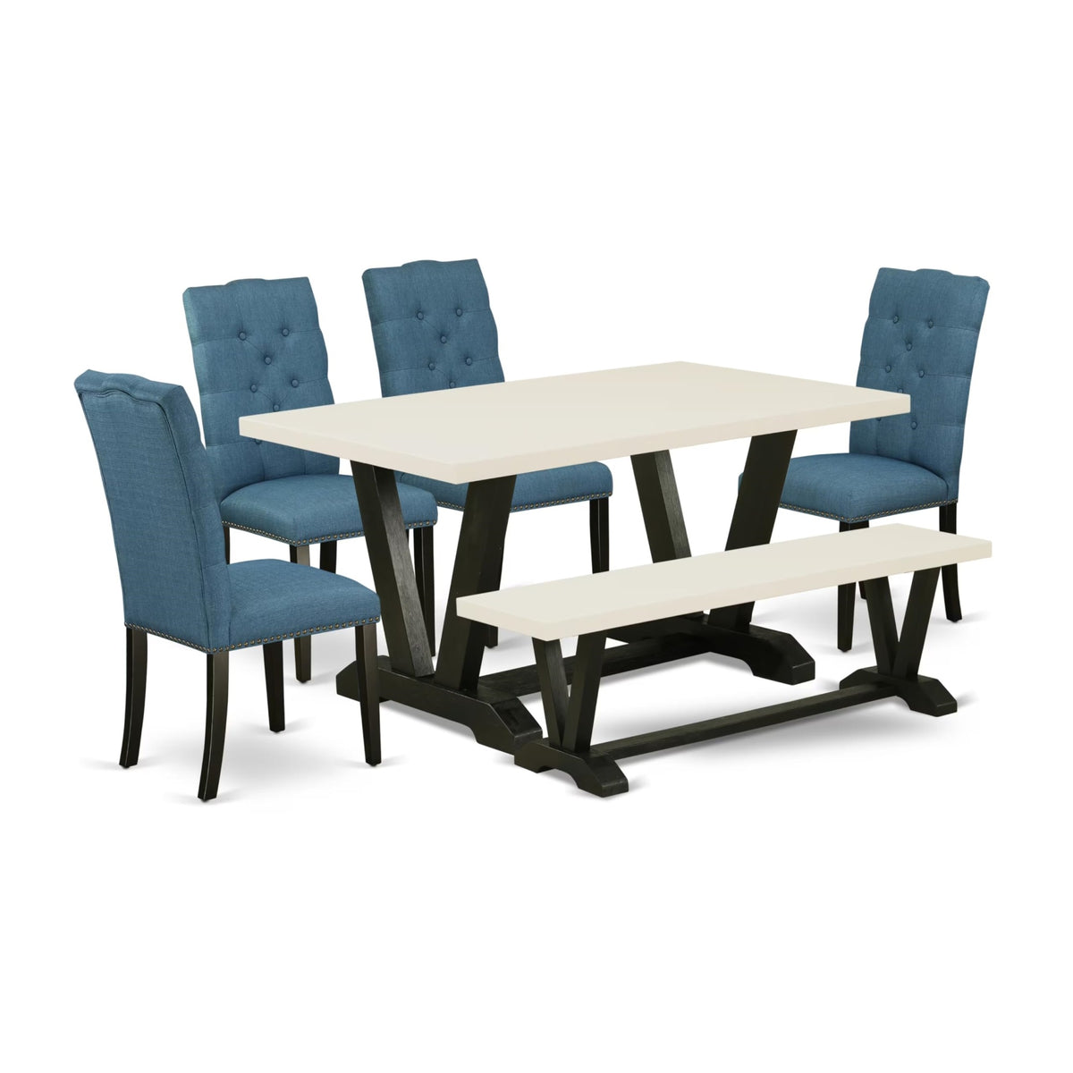 Casafoyer V626El121-6 6 Piece Kitchen Table Set Contains A Rectangle Dining Table With V-Legs And 4 Blue Linen Fabric Parson Chairs With A Bench, 36X60 Inch, Multi-Color