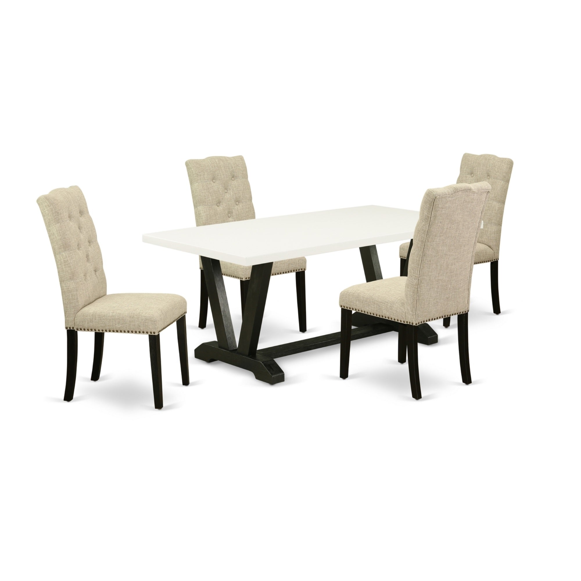 East West Furniture 5-Pc Rectangular Dinette Set Included 4 Dining Chairs Upholstered Seat And High Button Tufted Chair Back And Rectangular Mid Century Dining Table With Linen White Rectangular Table Top - Black Finish