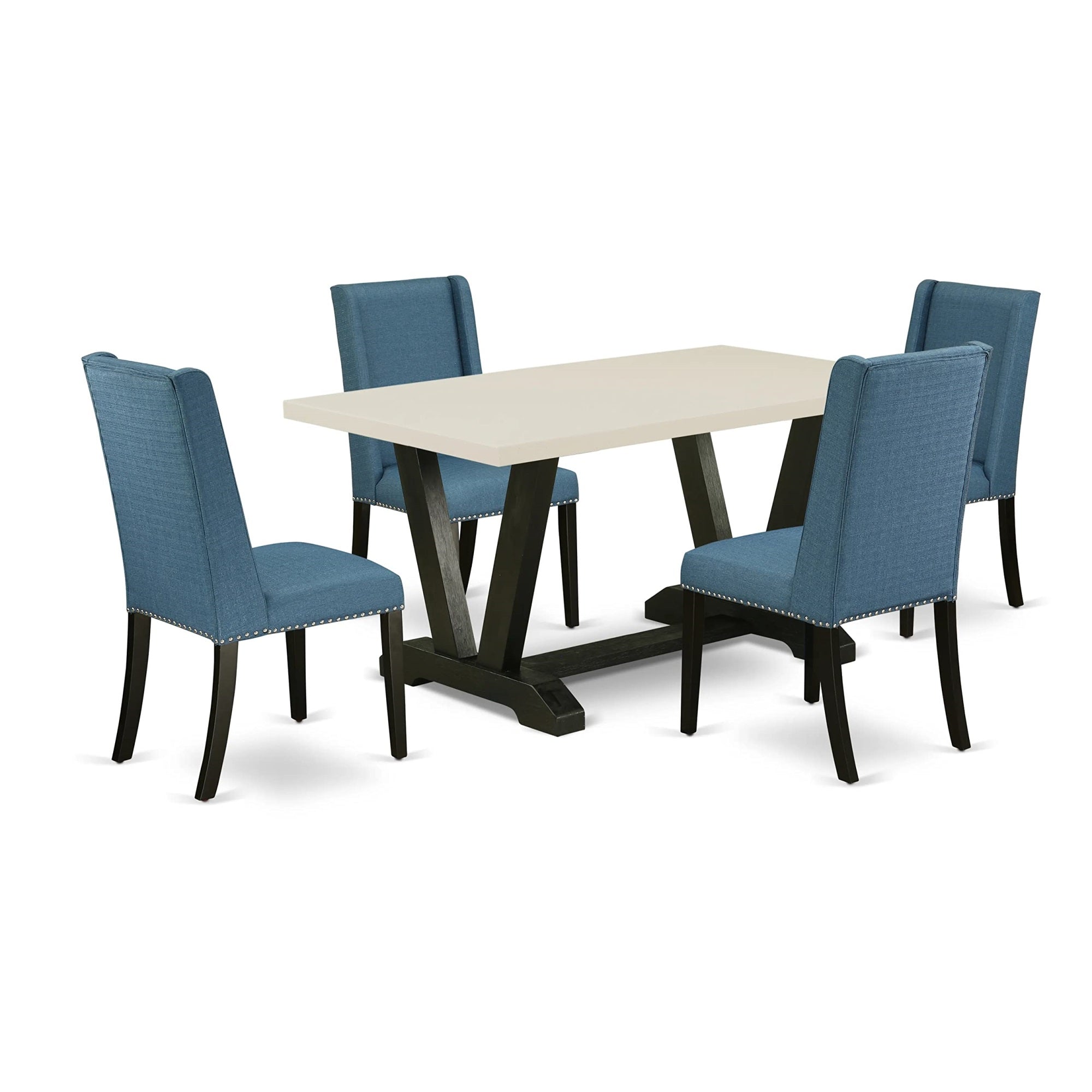 Ergode V626Fl121-5, 5Pc Modern Dining Table Set, Black Finish, Blue Linen Chairs, Asian Wood, 300 Lbs Weight Capacity, Easy Assembly, Perfect For Home Parties, High-Quality & Stylish