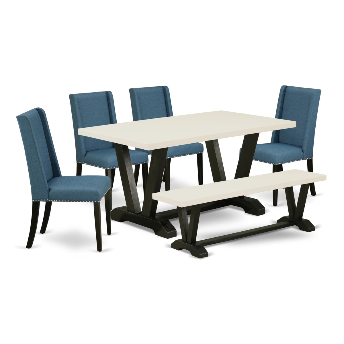 Casafoyer V626Fl121-6 6 Piece Modern Dining Table Set Contains A Rectangle Wooden Table With V-Legs And 4 Blue Linen Fabric Parson Chairs With A Bench, 36X60 Inch, Multi-Color