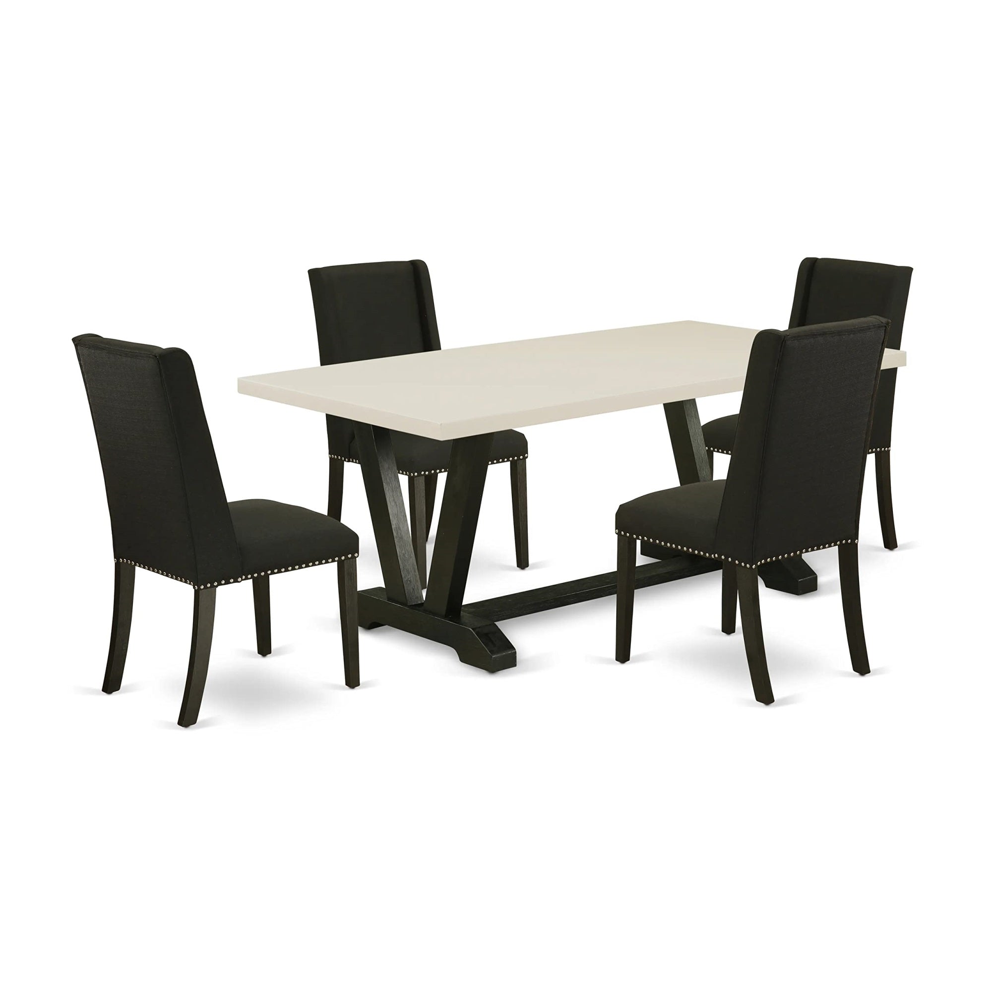 Ergode V626Fl624-5, 5-Piece Kitchen Set, Rectangular Table, Wire Brushed Black Finish, 4 Black Linen Chairs, Asian Wood, 300 Lbs Capacity