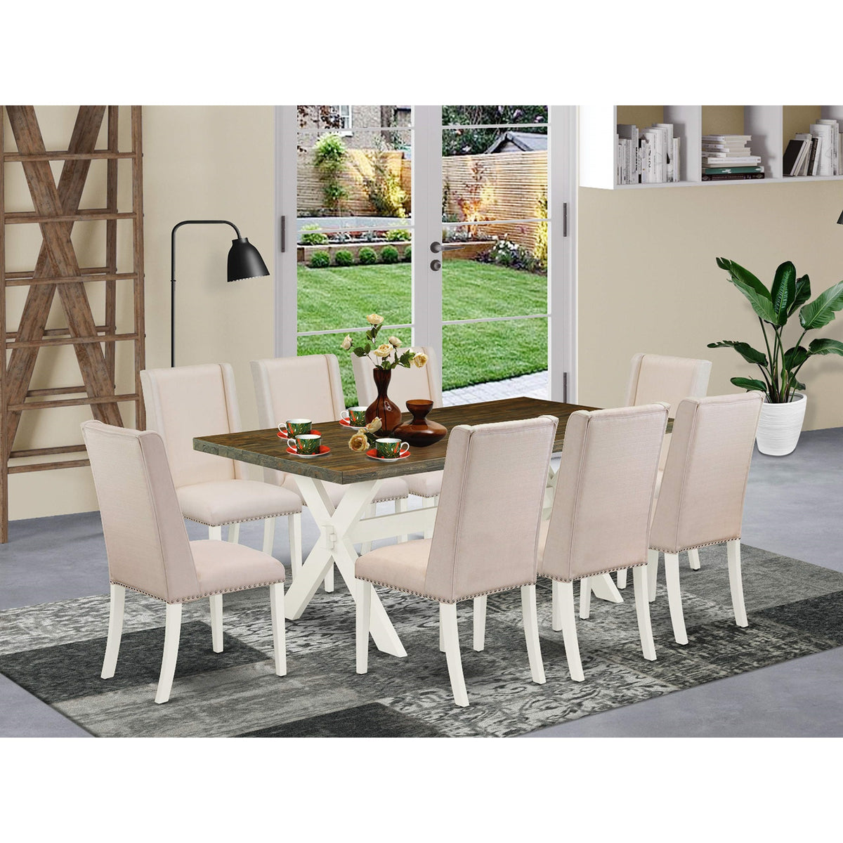 Casafoyer X077Fl201-9 9 Piece Kitchen Table Set Includes A Rectangle Dining Table With X-Legs And 8 Cream Linen Fabric Parson Dining Room Chairs, 40X72 Inch, Multi-Color