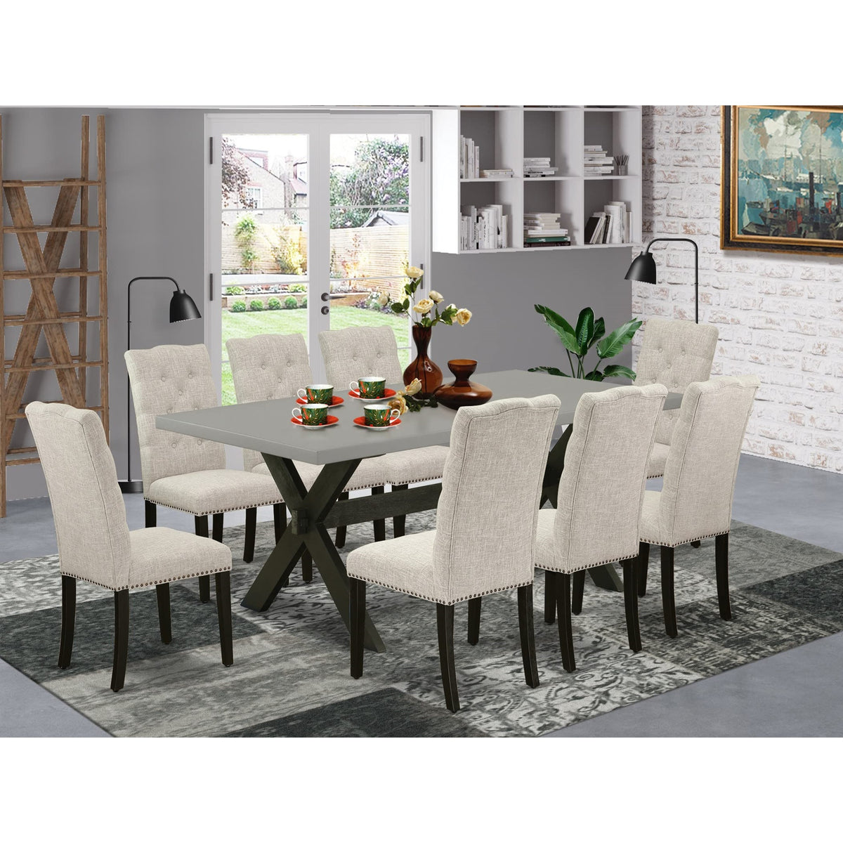 Casafoyer X697El635-9 9 Piece Dining Set Includes A Rectangle Dining Room Table With X-Legs And 8 Doeskin Linen Fabric Upholstered Parson Chairs, 40X72 Inch, Multi-Color