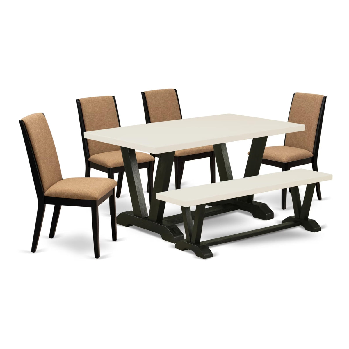 Casafoyer V-Style 6 Piece Dinette Set Contains A Rectangle Dining Table With V-Legs And 4 Light Sable Linen Fabric Parson Chairs With A Bench, 36X60 Inch, Multi-Color