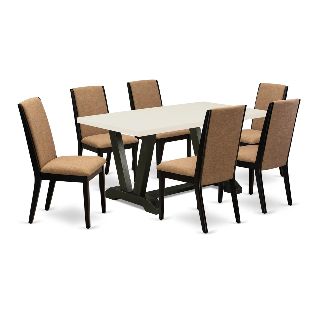 Casafoyer V-Style 7 Piece Set Consist Of A Rectangle Dining Room Table With V-Legs And 6 Light Sable Linen Fabric Upholstered Chairs, 36X60 Inch, Multi-Color