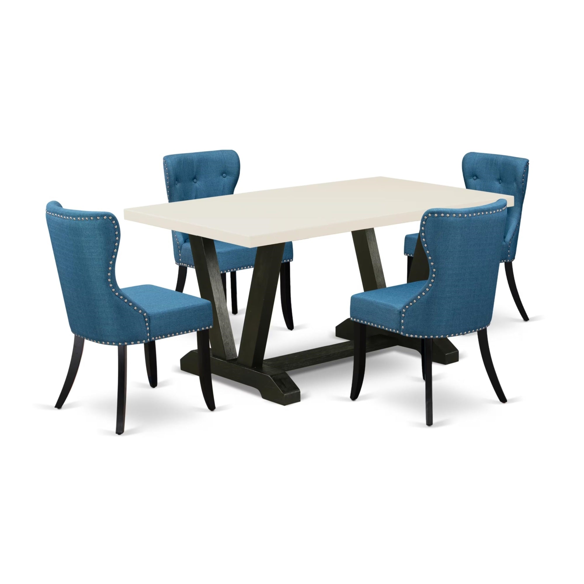 Casafoyer V-Style 5 Piece Room Set Includes A Rectangle Kitchen Table With V-Legs And 4 Blue Linen Fabric Parson Dining Chairs, 36X60 Inch, Multi-Color