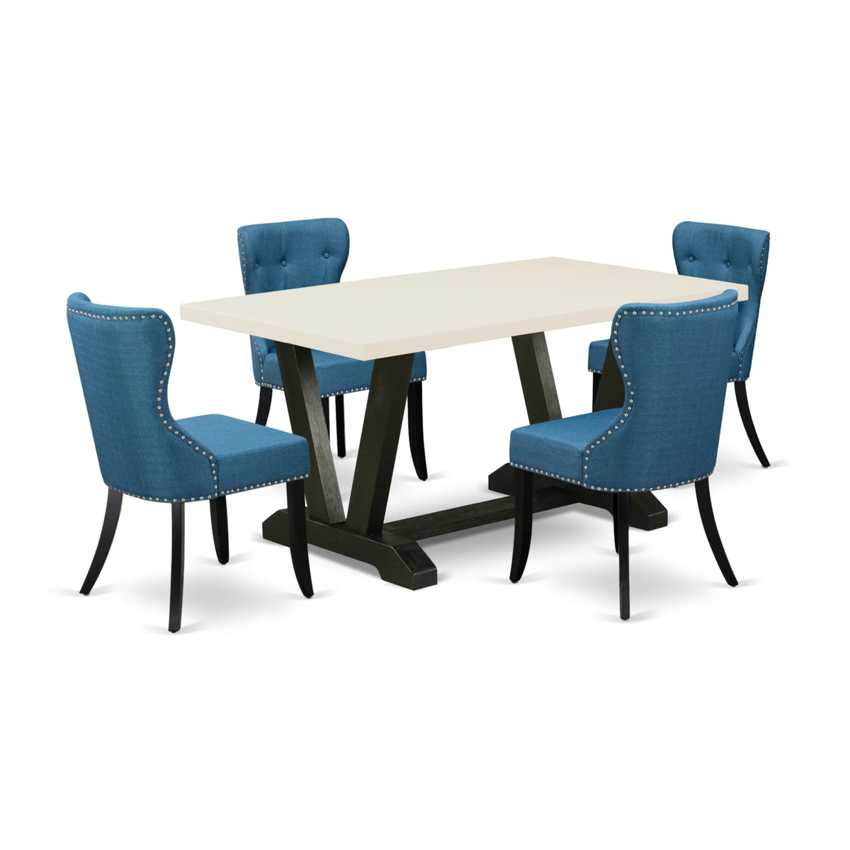 Casafoyer V-Style 5 Piece Room Set Includes A Rectangle Kitchen Table With V-Legs And 4 Blue Linen Fabric Parson Dining Chairs, 36X60 Inch, Multi-Color