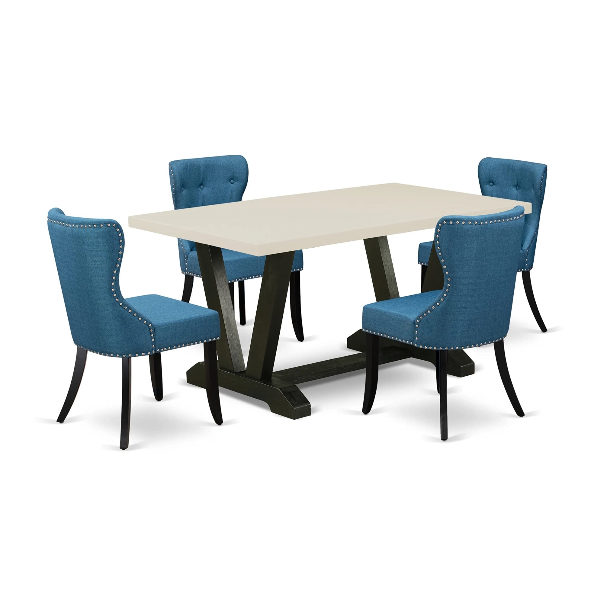 Ergode V626Si121-5, 5-Piece Kitchen Table Set, 4 Parson Chairs, Wooden Top & Legs, Blue Linen Fabric, Easy To Clean, Easy Assembly, 36X60 Inch