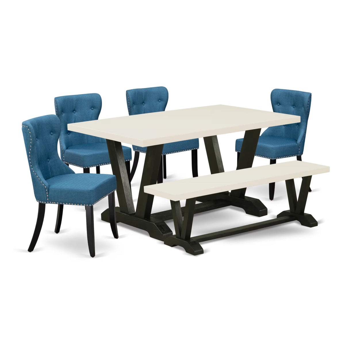 Casafoyer V-Style 6 Piece Dining Room Set Contains A Rectangle Kitchen Table With V-Legs And 4 Blue Linen Fabric Parson Chairs With A Bench, 36X60 Inch, Multi-Color