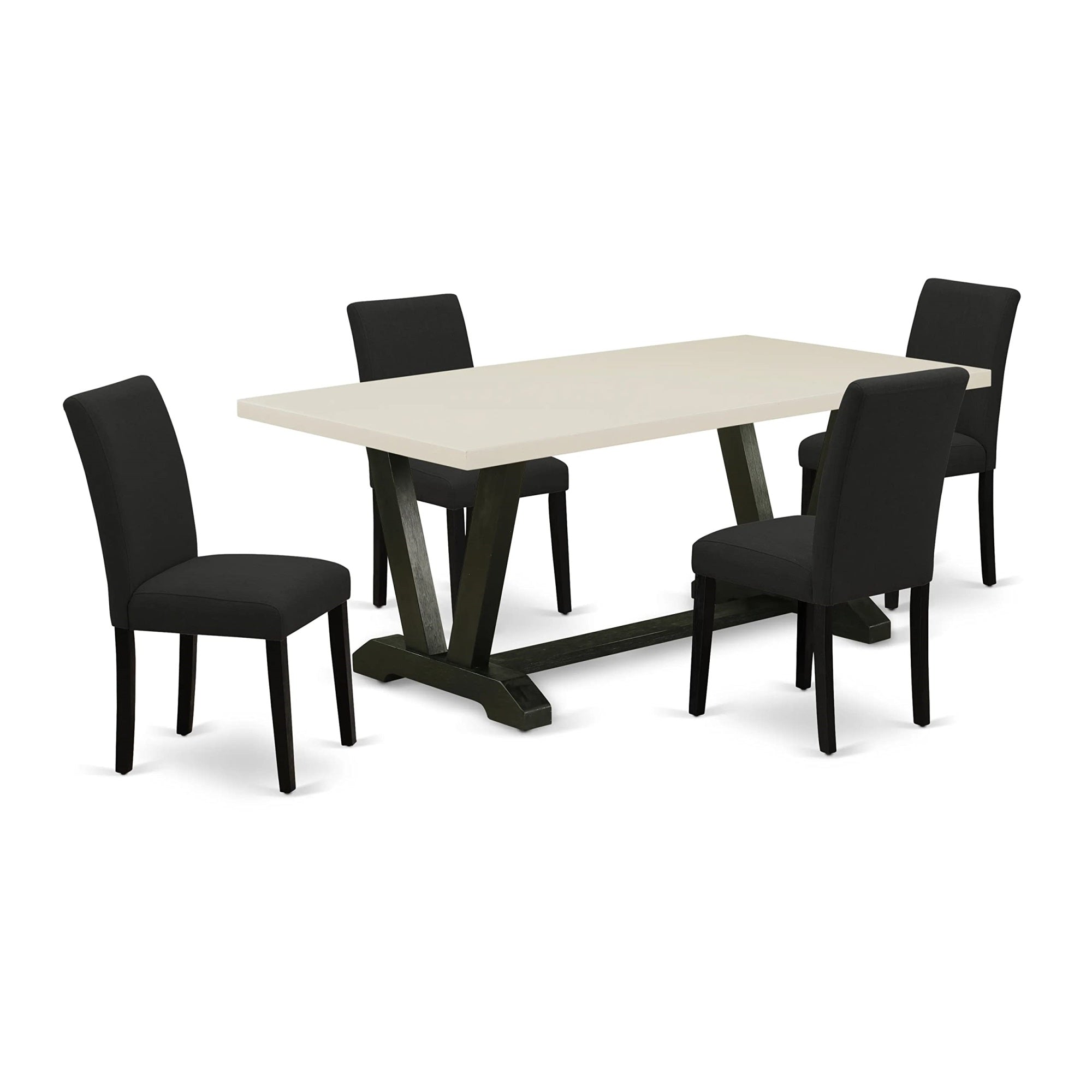 Ergode V627Ab624-5, 5-Pc Dining Table Set, Rectangle Table With V-Legs, 4 Black Linen Fabric Chairs, Modern Design, Durable Rubber Wood, Space-Saving, Easy Assembly, 40X72 Inch