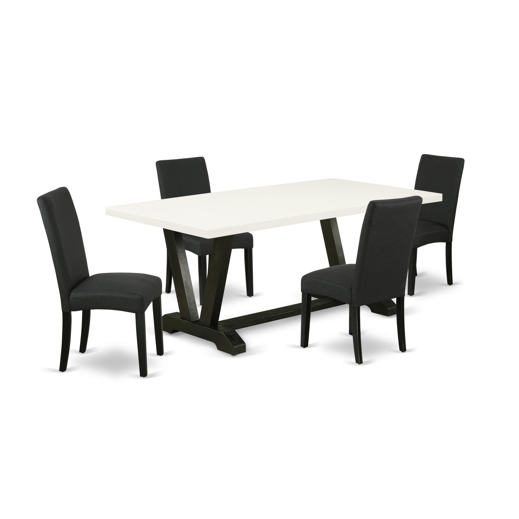 East West Furniture V627Dr124-5 5-Piece Dining Room Set- 4 Parson Dining Room Chairs With Black Linen Fabric Seat And Stylish Chair Back - Rectangular Table Top & Wooden Legs - Linen White And Black Finish