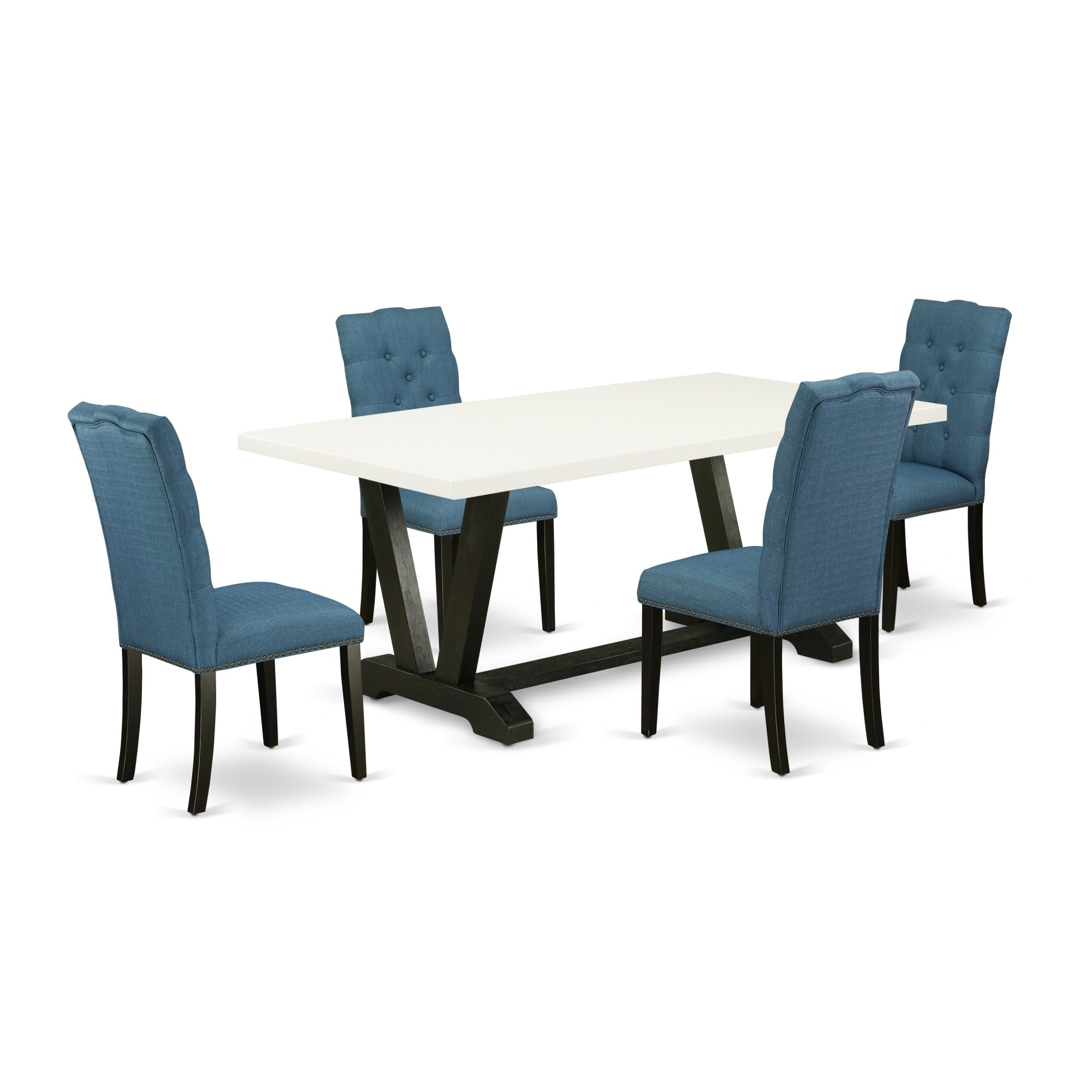 East West Furniture V627El121-5 5-Piece Beautiful A Superb Linen White Kitchen Table Top And 4 Lovely Linen Fabric Padded Parson Chairs With Nail Heads And Button Tufted Chair Back, Wire Brushed Black Finish