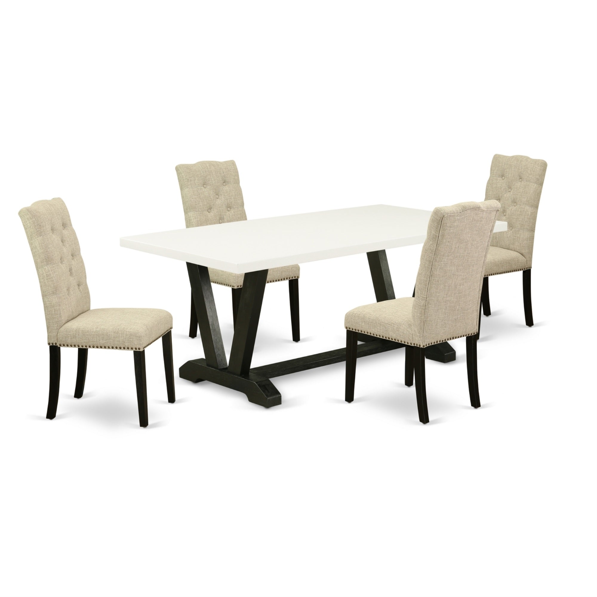 East West Furniture 5-Piece Dining Room Table Set Included 4 Parson Dining Chairs Upholstered Seat And High Button Tufted Chair Back And Rectangular Dining Table With Linen White Kitchen Dining Table Top - Black Finish