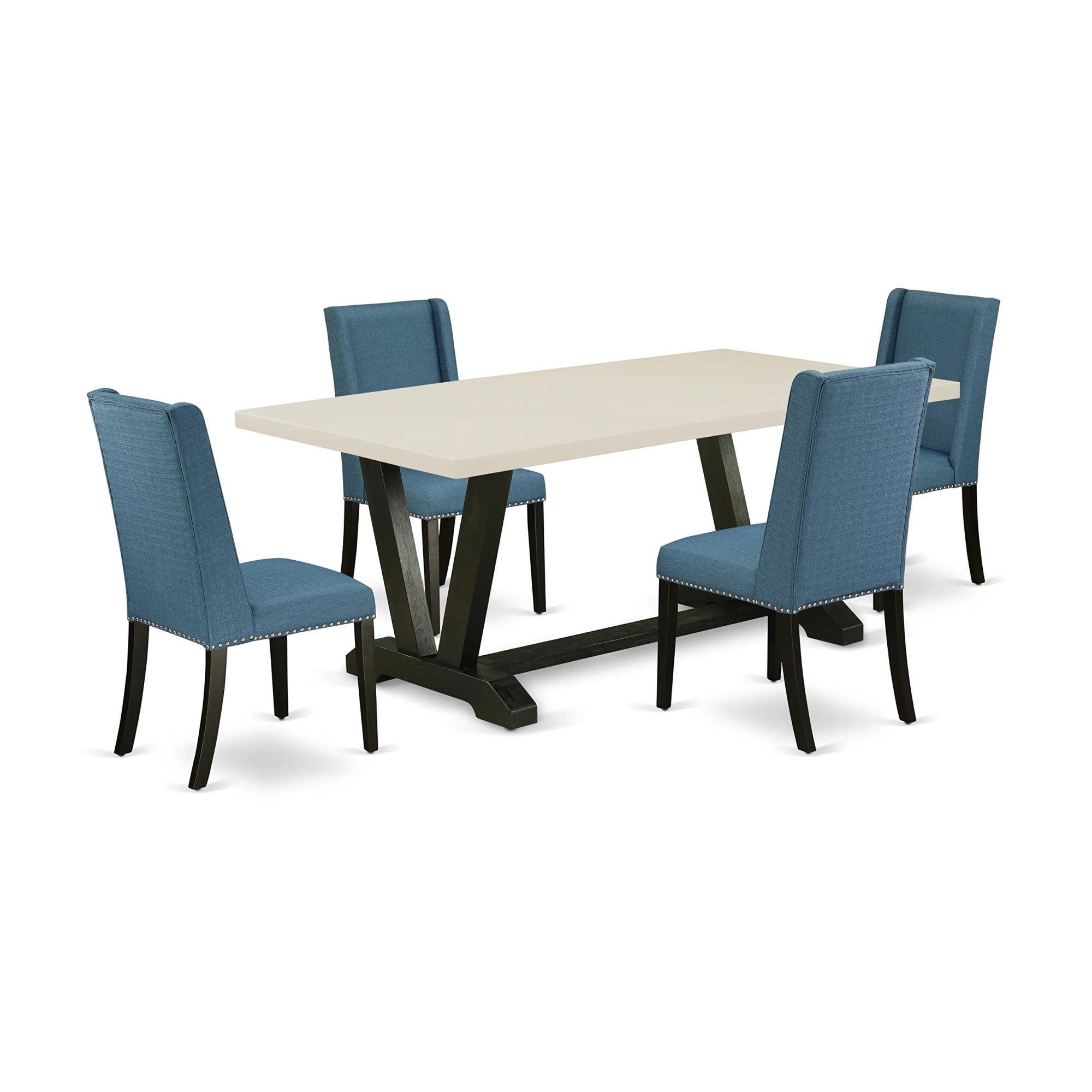 Ergode V627Fl121-5, 5Pc Rectangular Table Set, Black Finish, Blue Linen Chairs, Solid Wood Frame, 40X72 Inch, Easy Assembly