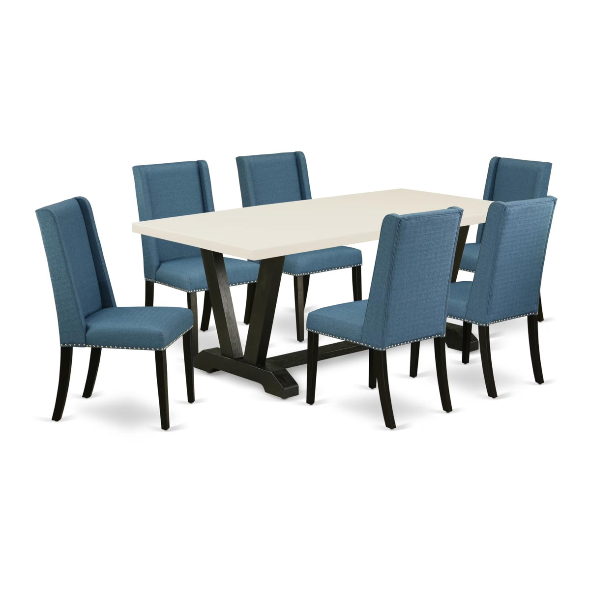 Casafoyer V-Style 7 Piece Kitchen Set Consist Of A Rectangle Dining Room Table With V-Legs And 6 Blue Linen Fabric Parsons Chairs, 40X72 Inch, Multi-Color